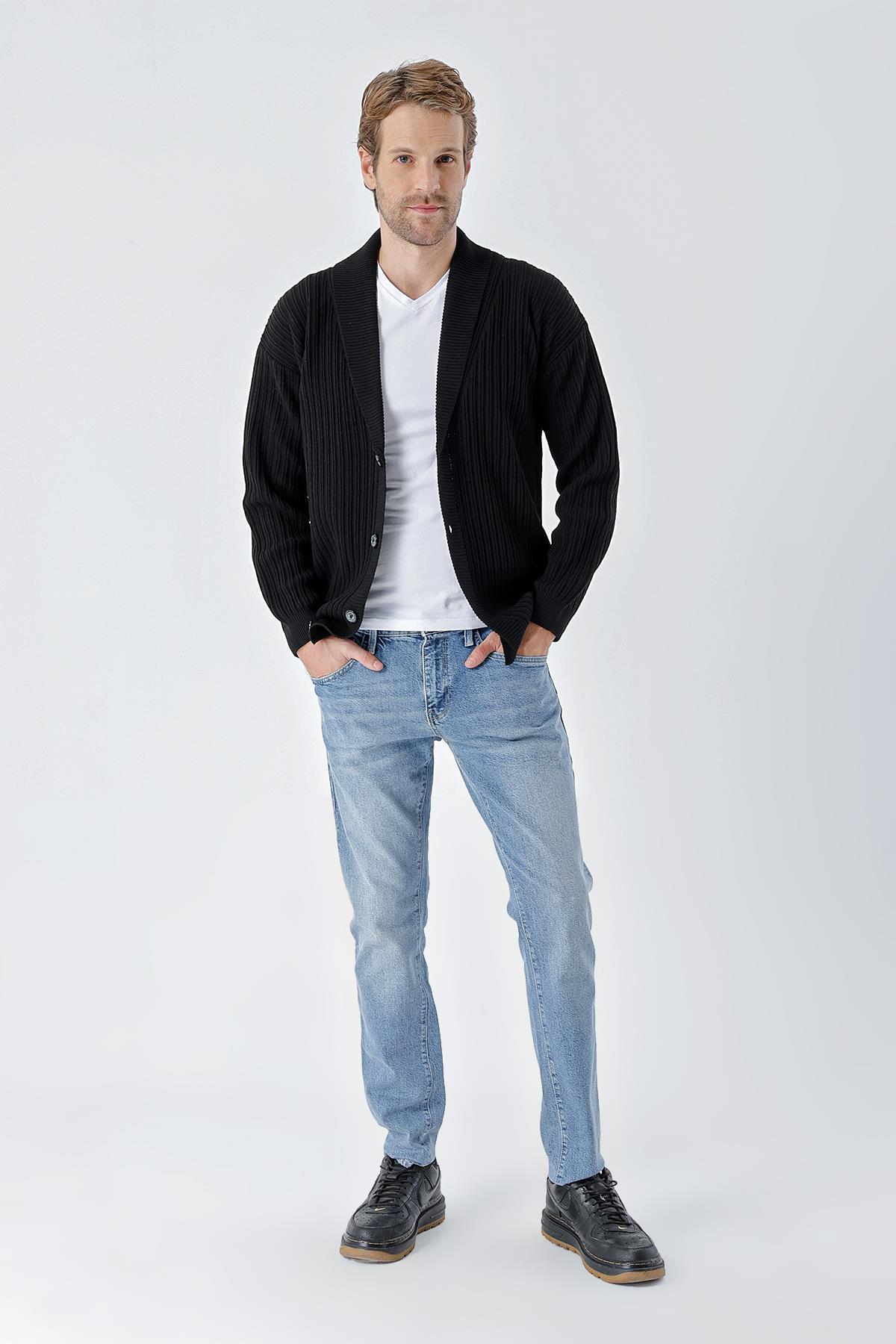 Chuba Erkek Kruvaze Düğmeli Casual Triko Hırka Siyah 24W216