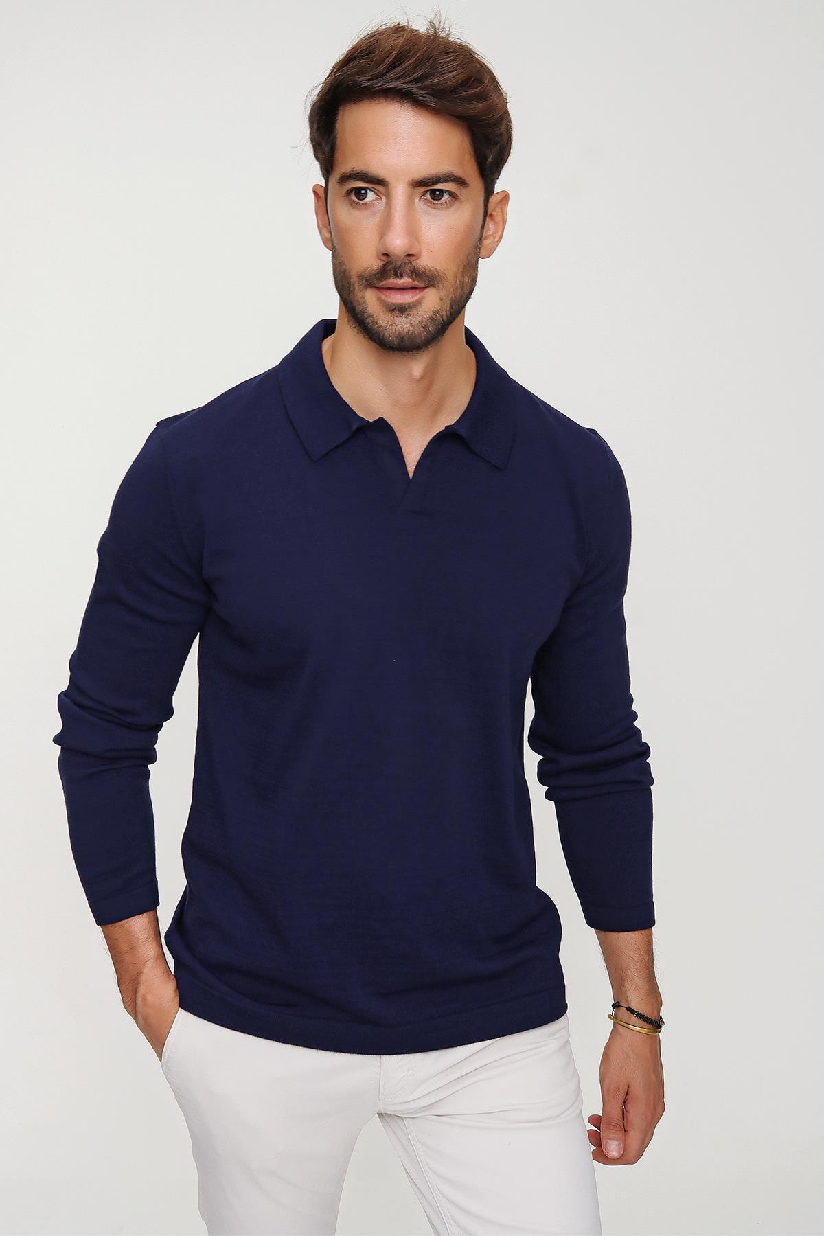 Chuba Erkek Lacivert Reddington Polo Yaka Uzun Kollu İnce Triko Kazak 22W403
