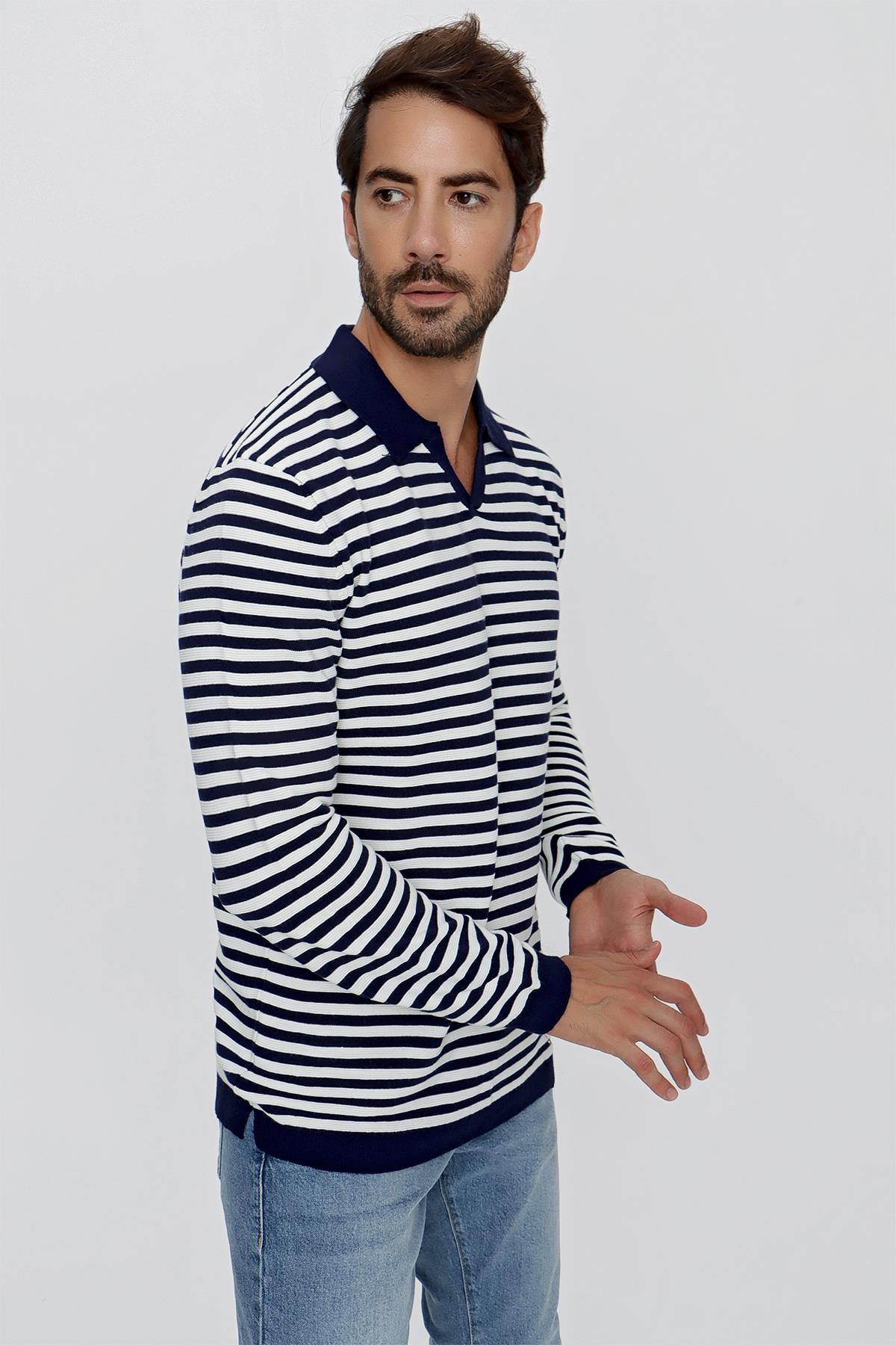 CHUBA Erkek Loose Fit Çizgili Polo Yaka Uzun Kollu Triko Kazak Lacivert-Ekru 23W203