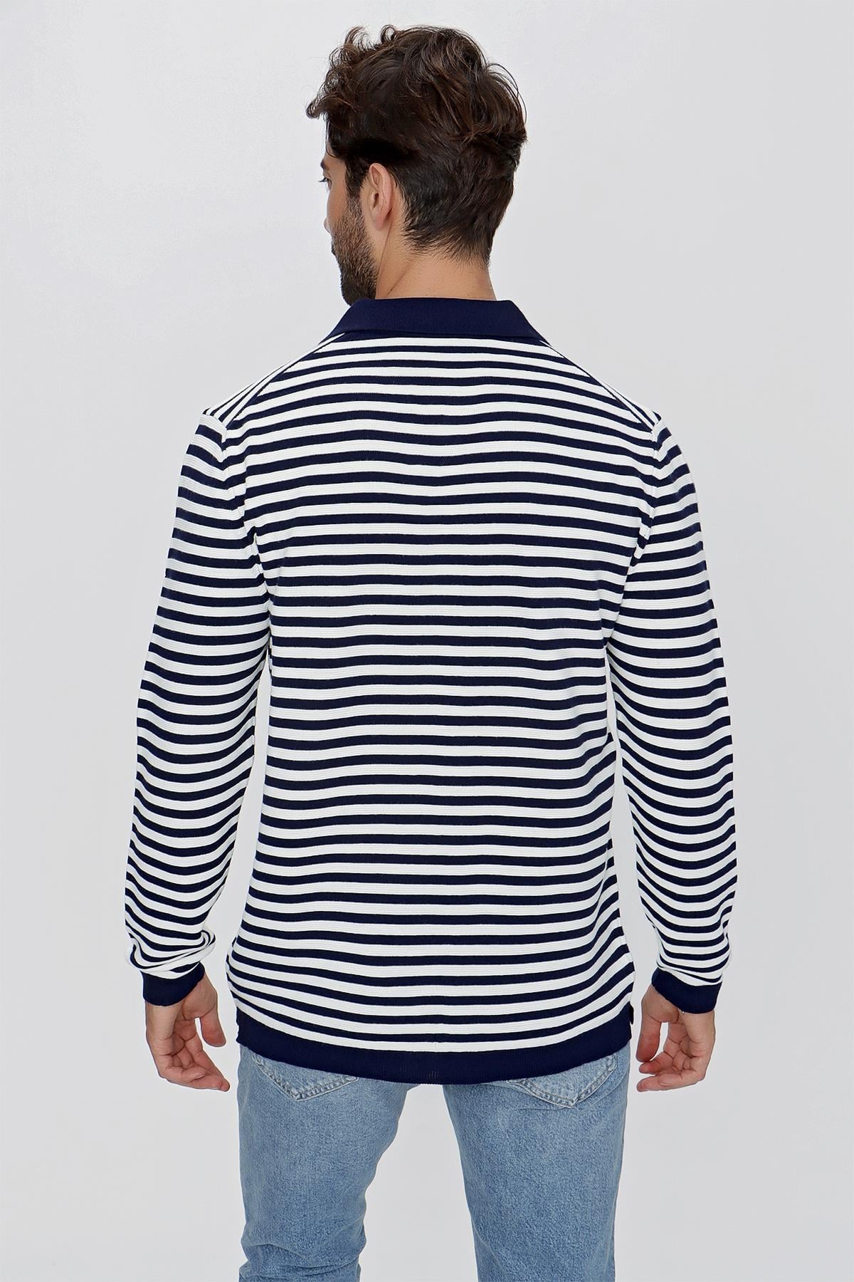 CHUBA Erkek Loose Fit Çizgili Polo Yaka Uzun Kollu Triko Kazak Lacivert-Ekru 23W203