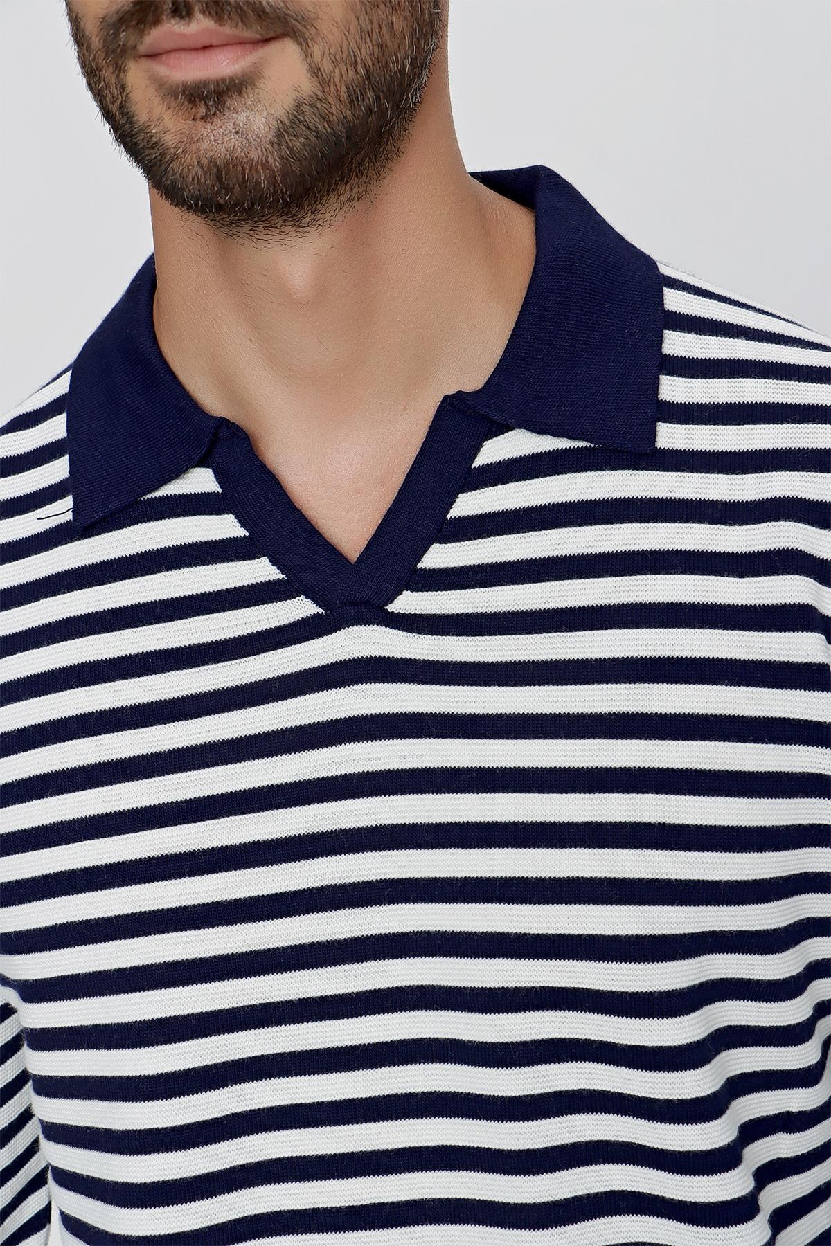 CHUBA Erkek Loose Fit Çizgili Polo Yaka Uzun Kollu Triko Kazak Lacivert-Ekru 23W203