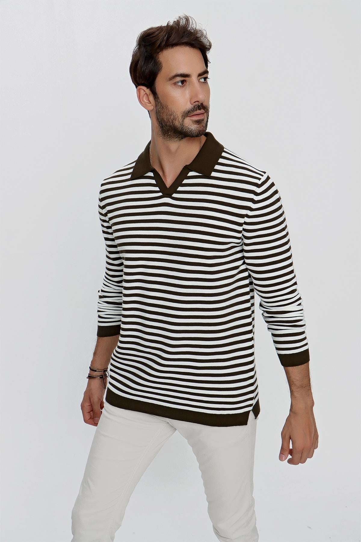 CHUBA Erkek Loose Fit Çizgili Polo Yaka Uzun Kollu Triko Kazak Koyu Haki-Ekru 23W203