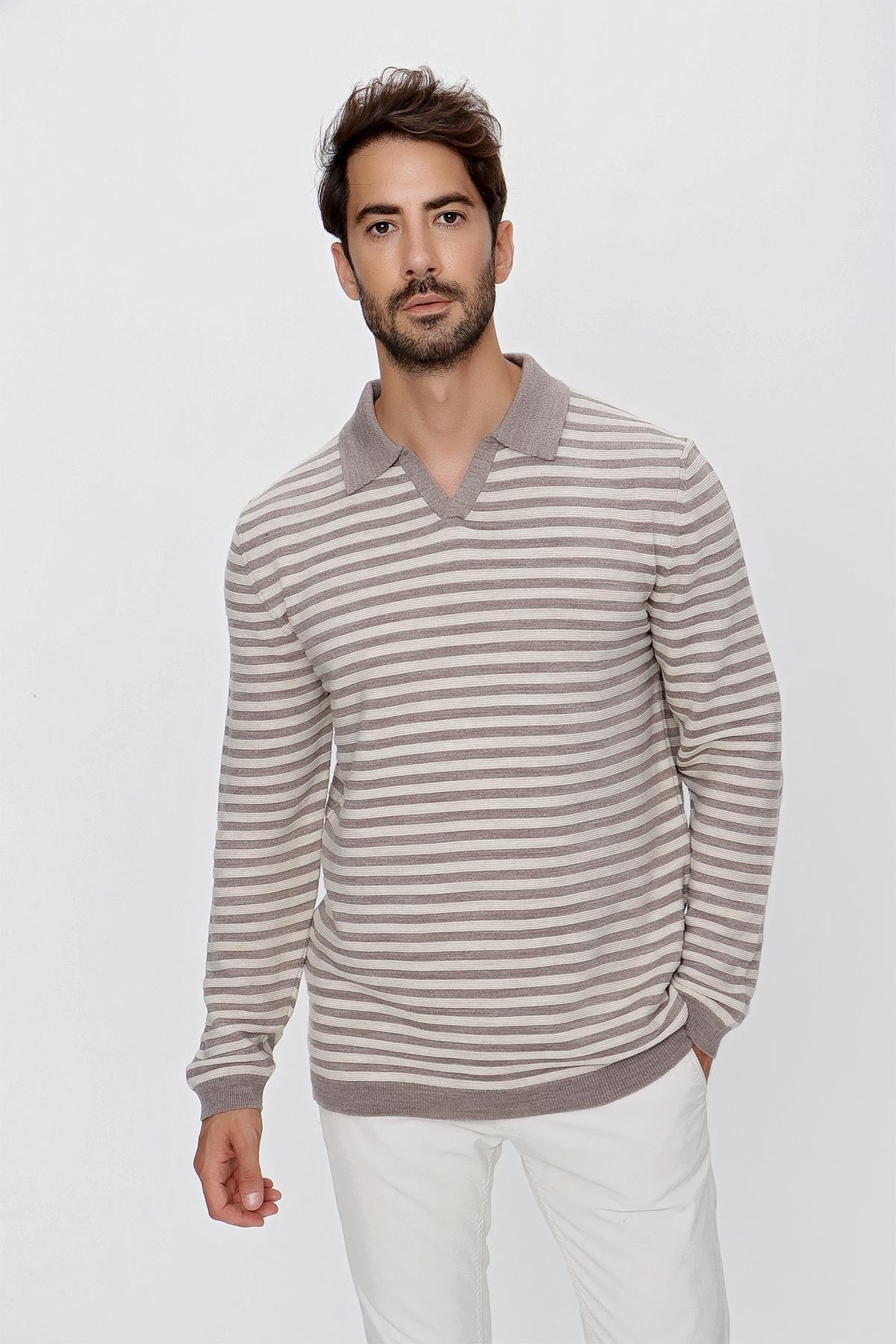 CHUBA Erkek Loose Fit Çizgili Polo Yaka Uzun Kollu Triko Kazak Vizon-Bej 23W203