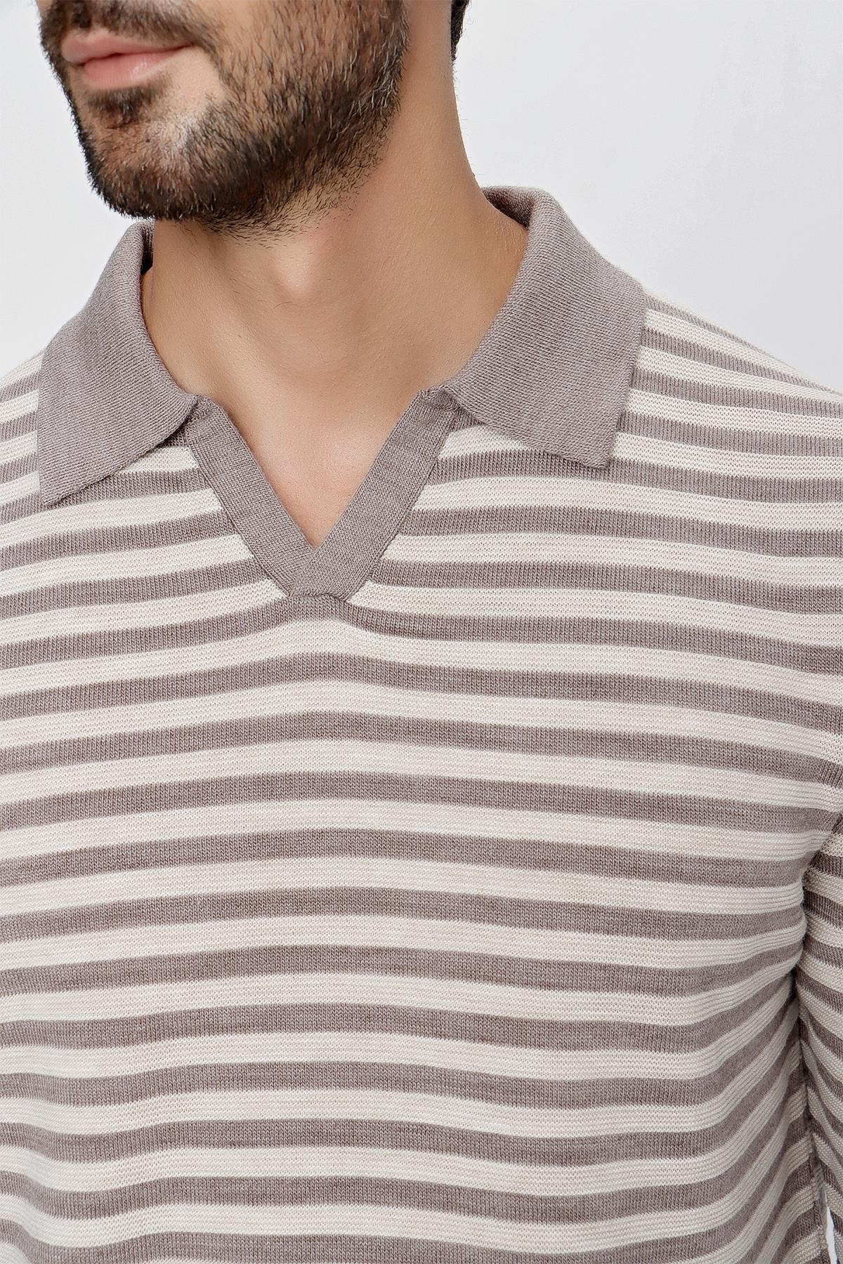 CHUBA Erkek Loose Fit Çizgili Polo Yaka Uzun Kollu Triko Kazak Vizon-Bej 23W203
