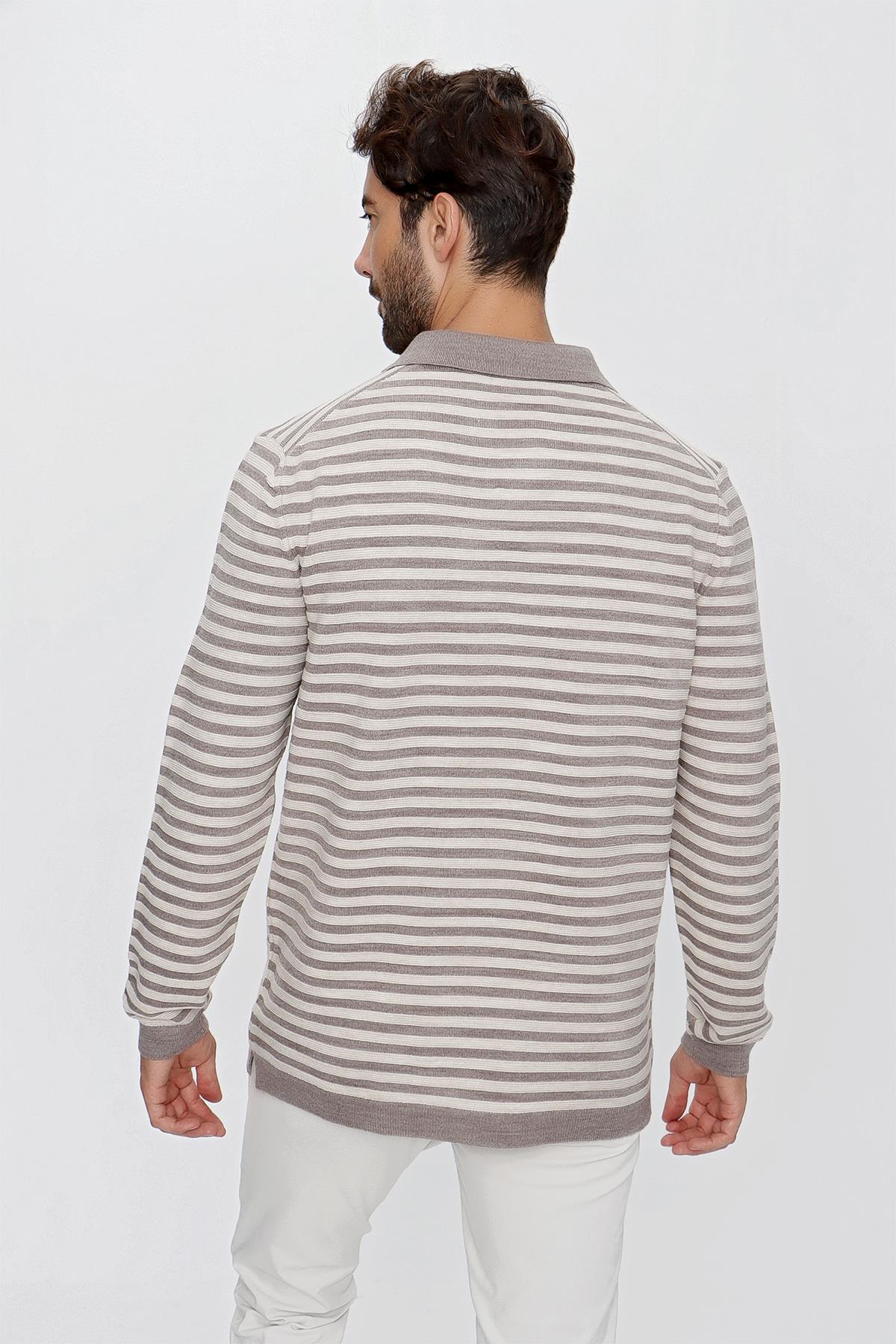 CHUBA Erkek Loose Fit Çizgili Polo Yaka Uzun Kollu Triko Kazak Vizon-Bej 23W203