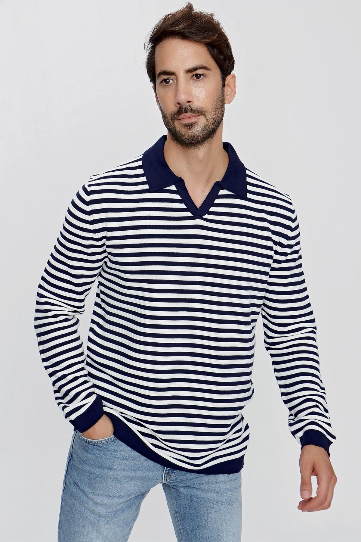 CHUBA Erkek Loose Fit Çizgili Polo Yaka Uzun Kollu Triko Kazak Lacivert-Ekru 23W203