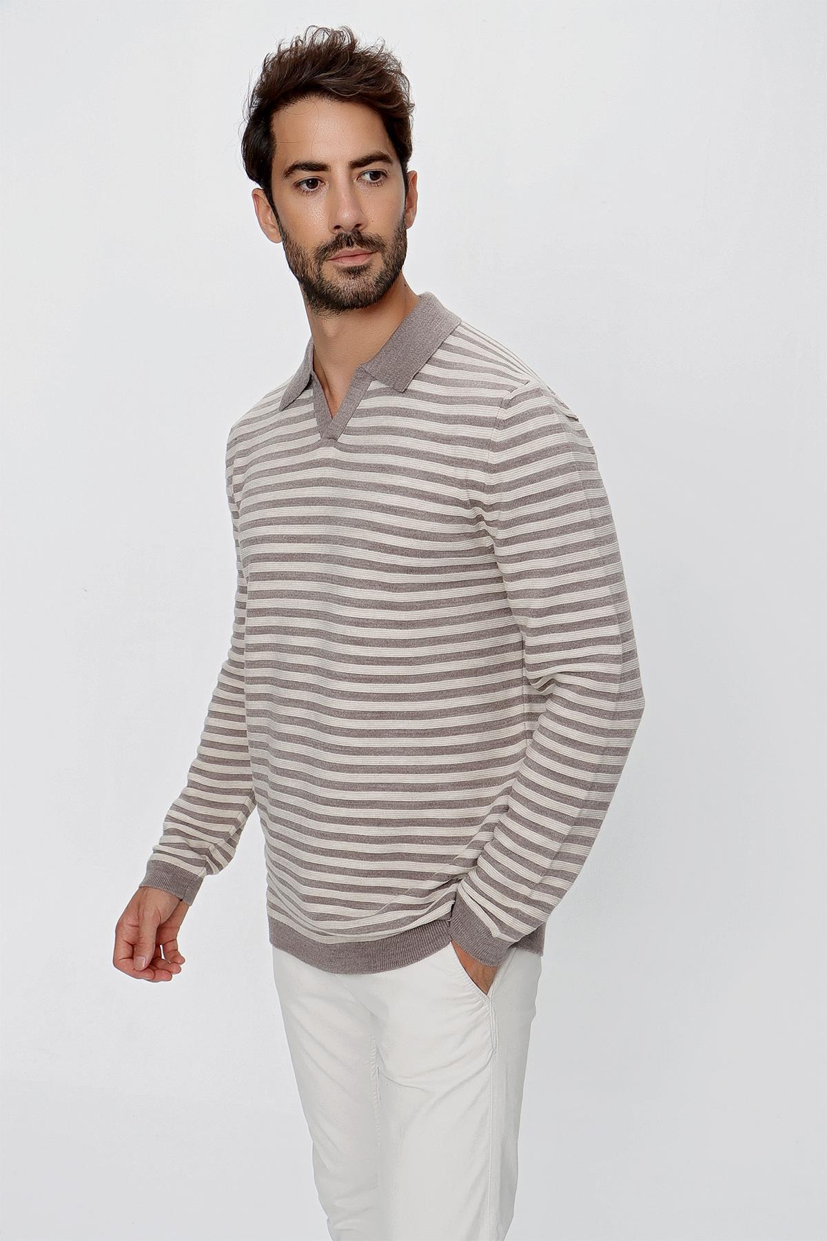 CHUBA Erkek Loose Fit Çizgili Polo Yaka Uzun Kollu Triko Kazak Vizon-Bej 23W203