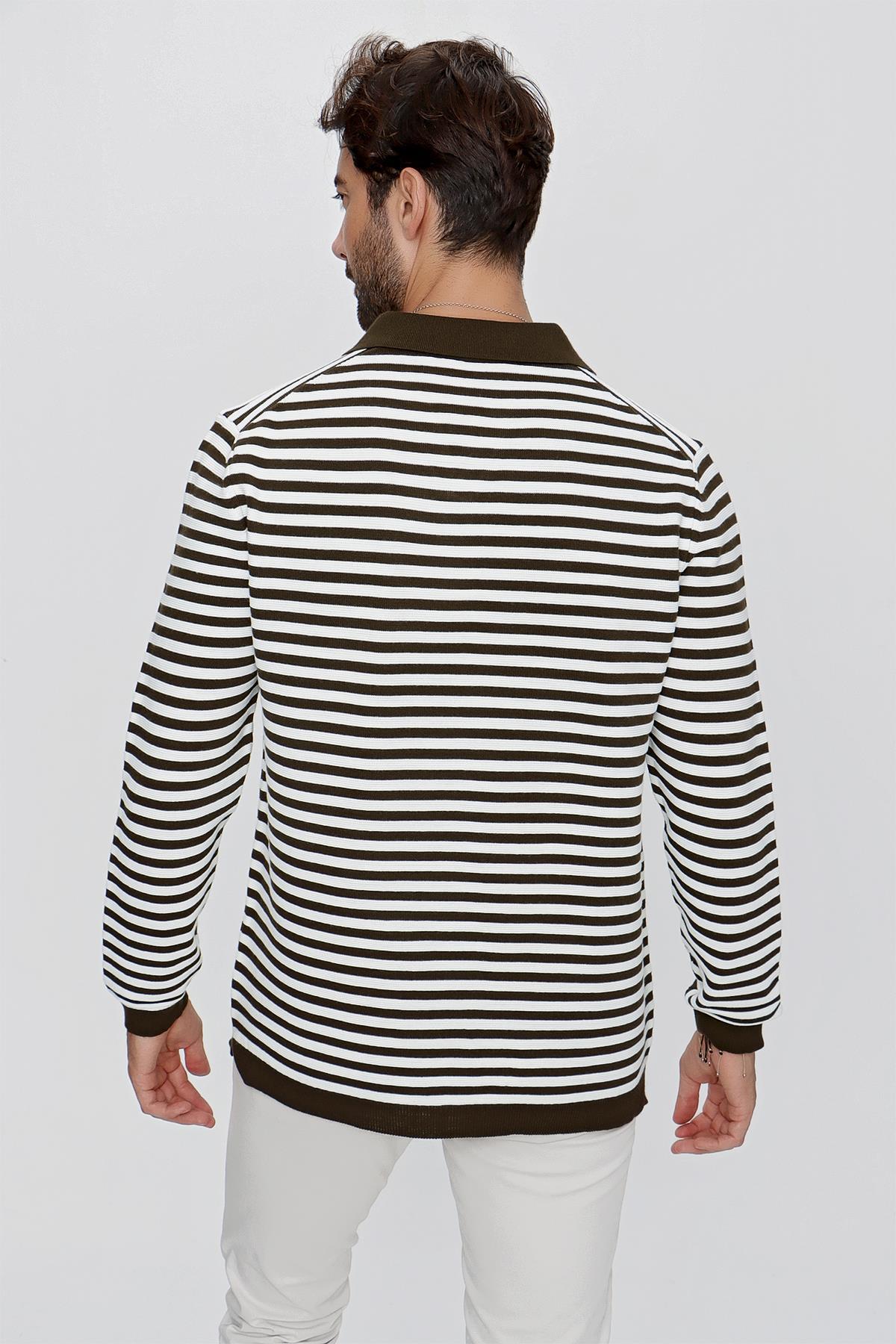 CHUBA Erkek Loose Fit Çizgili Polo Yaka Uzun Kollu Triko Kazak Koyu Haki-Ekru 23W203