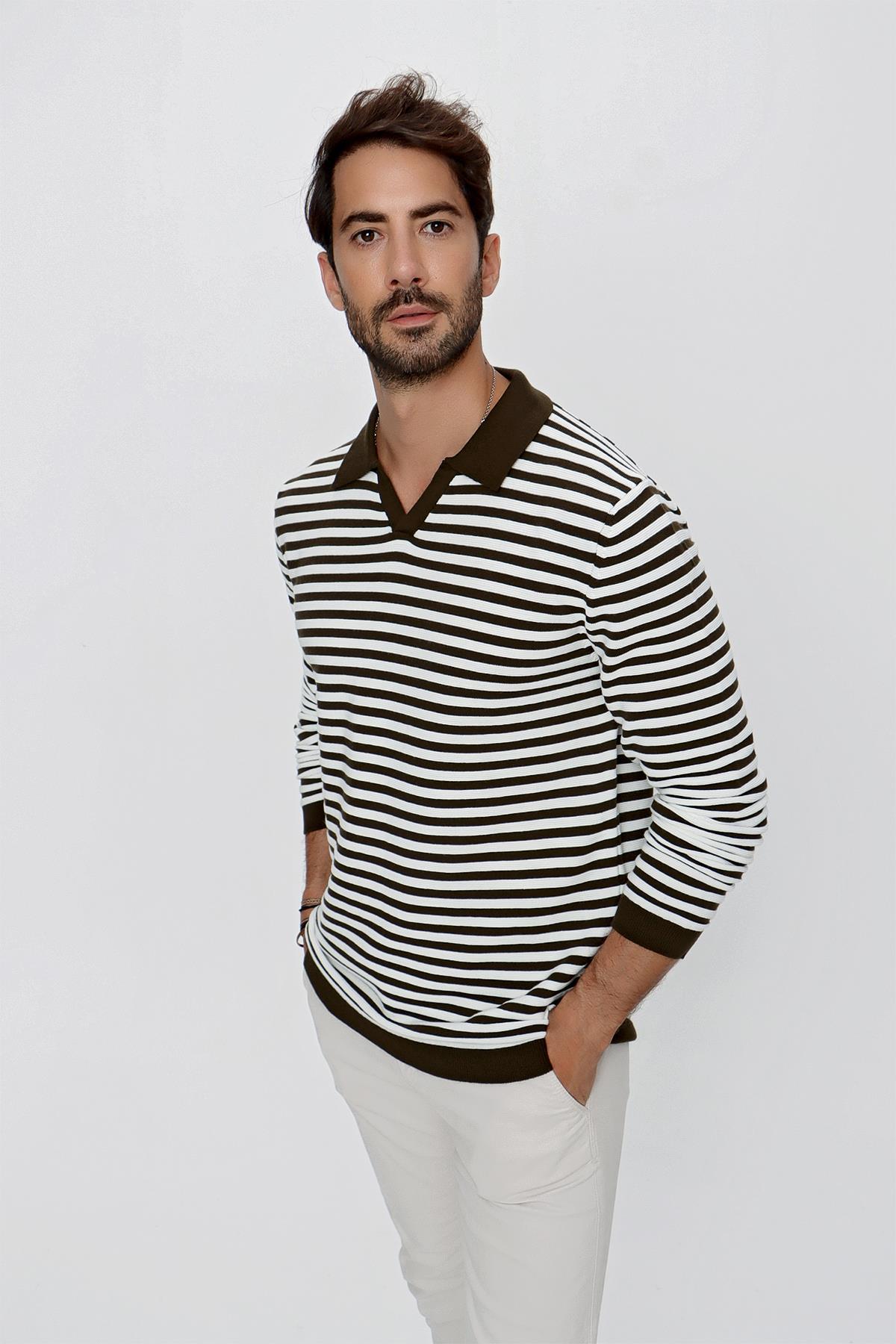 CHUBA Erkek Loose Fit Çizgili Polo Yaka Uzun Kollu Triko Kazak Koyu Haki-Ekru 23W203