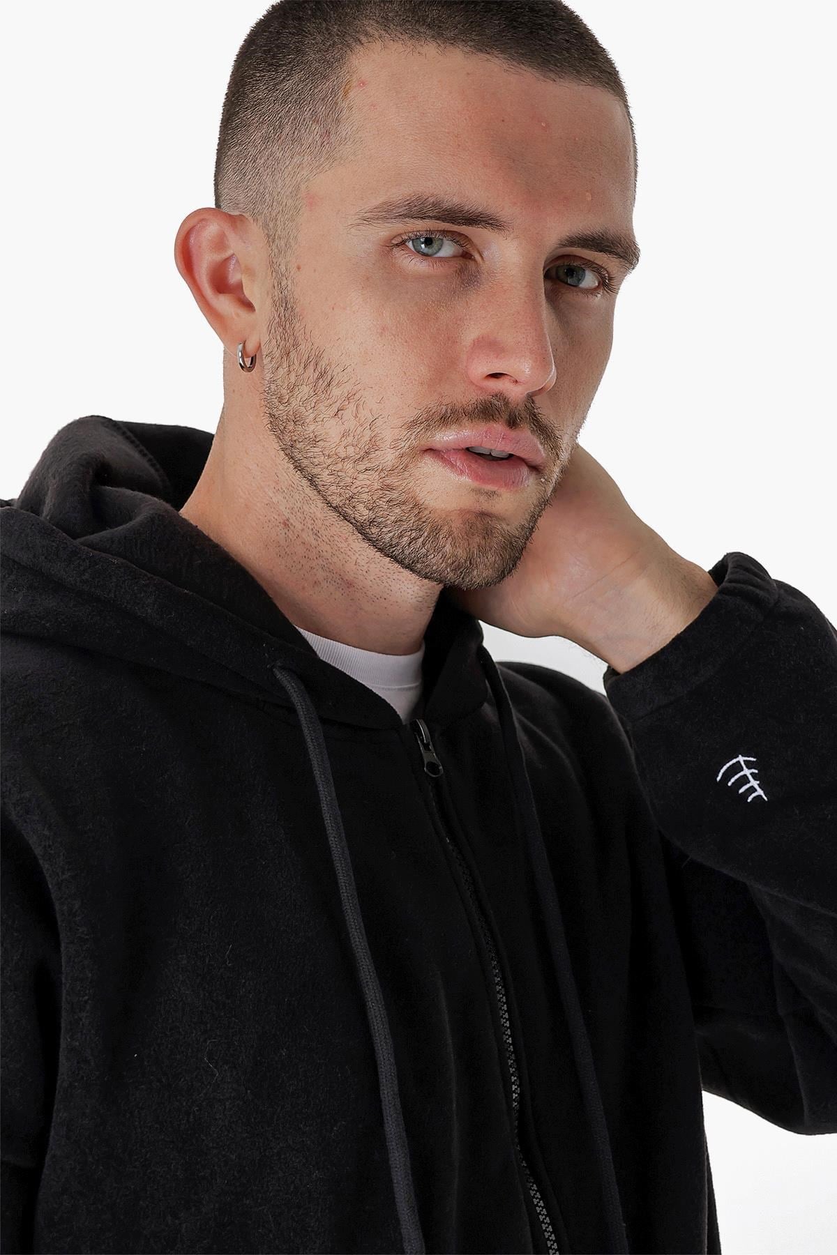 CHUBA Erkek Outdoor Oversize Kapüşonlu Fermuar Kapamalı Polar Hoddie Siyah 23W106