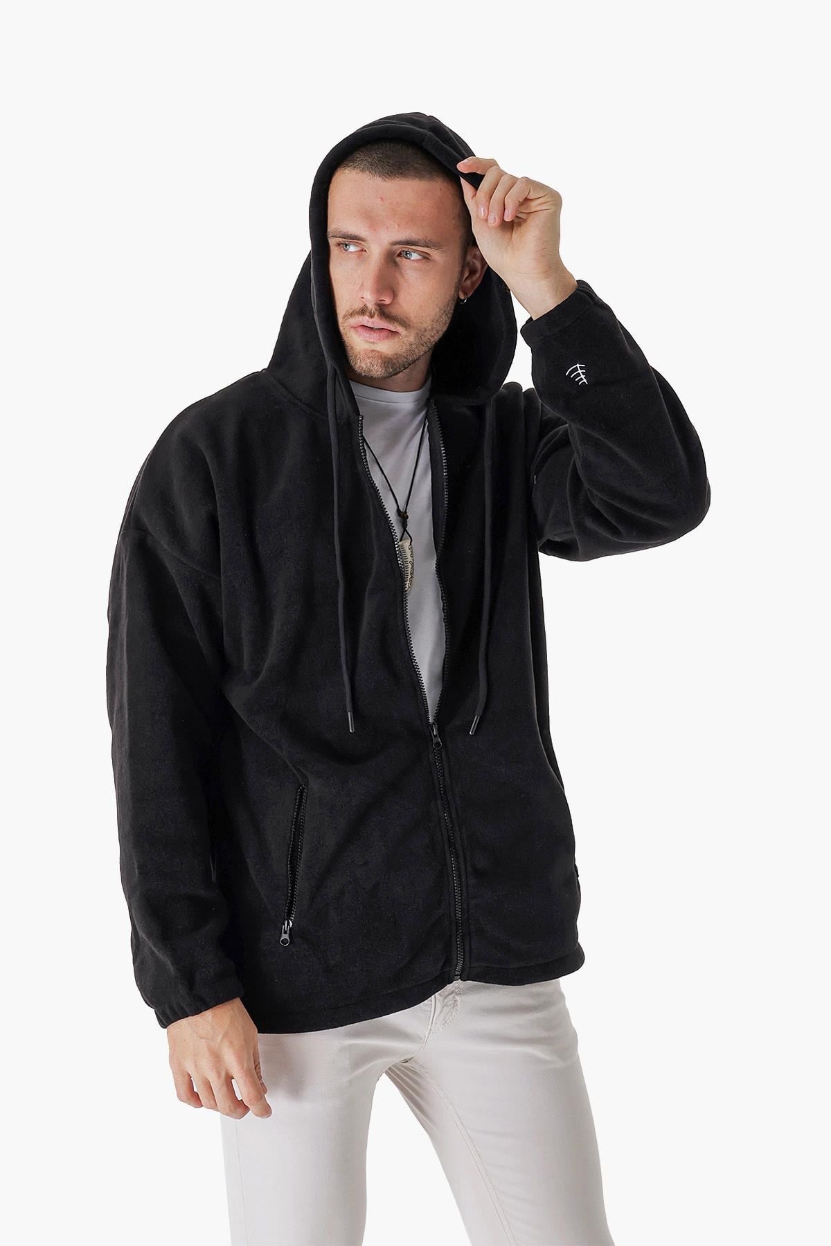 CHUBA Erkek Outdoor Oversize Kapüşonlu Fermuar Kapamalı Polar Hoddie Siyah 23W106
