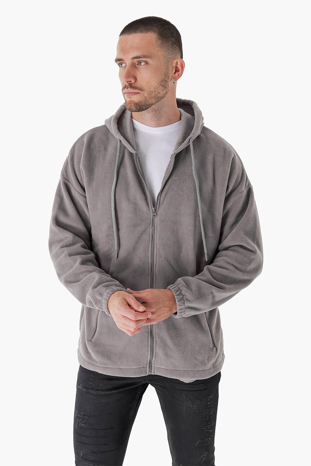 CHUBA Erkek Outdoor Oversize Kapüşonlu Fermuar Kapamalı Polar Hoddie Gri 23W106