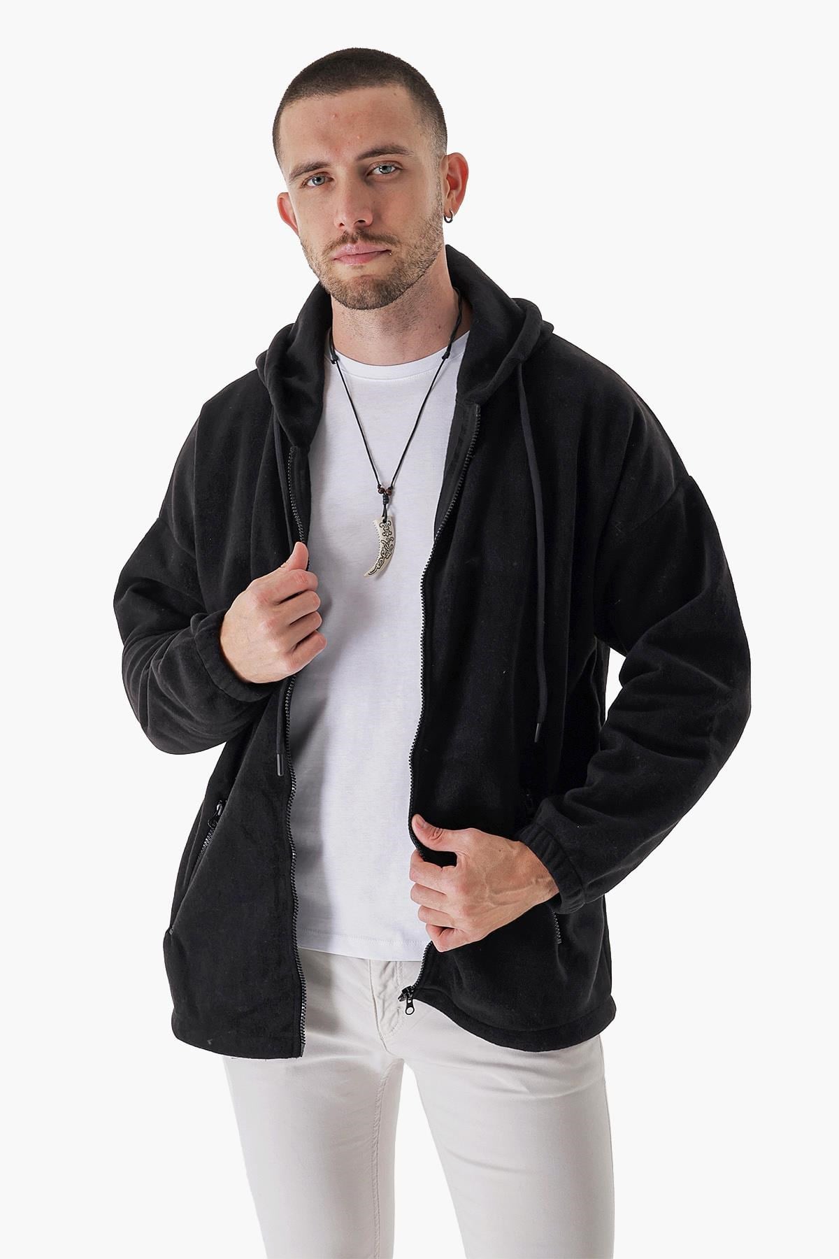 CHUBA Erkek Outdoor Oversize Kapüşonlu Fermuar Kapamalı Polar Hoddie Siyah 23W106