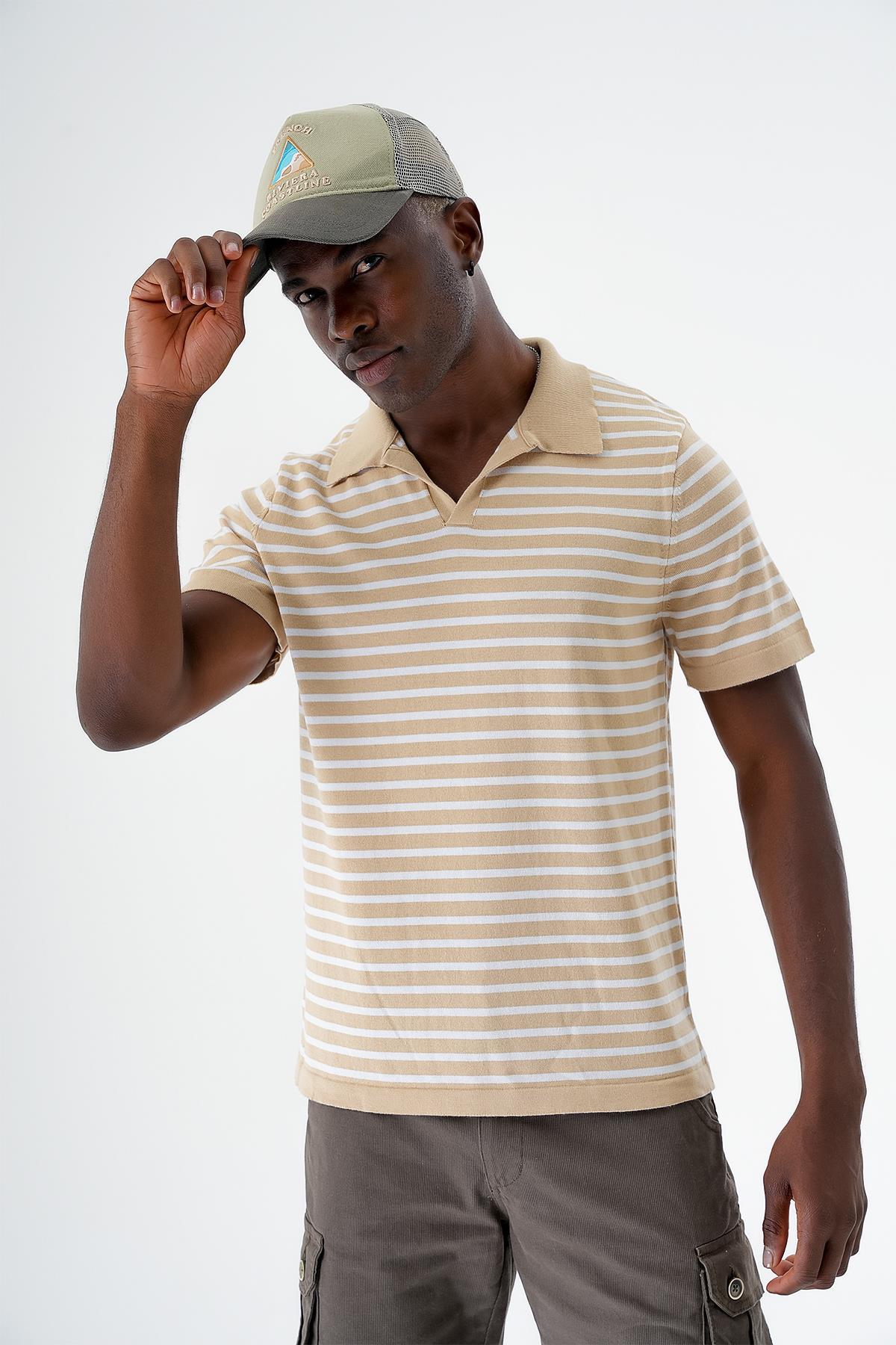 Chuba Erkek Polo Yaka Çizgili Regular Fit İnce Triko T-Shirt Taba-Beyaz 24S263