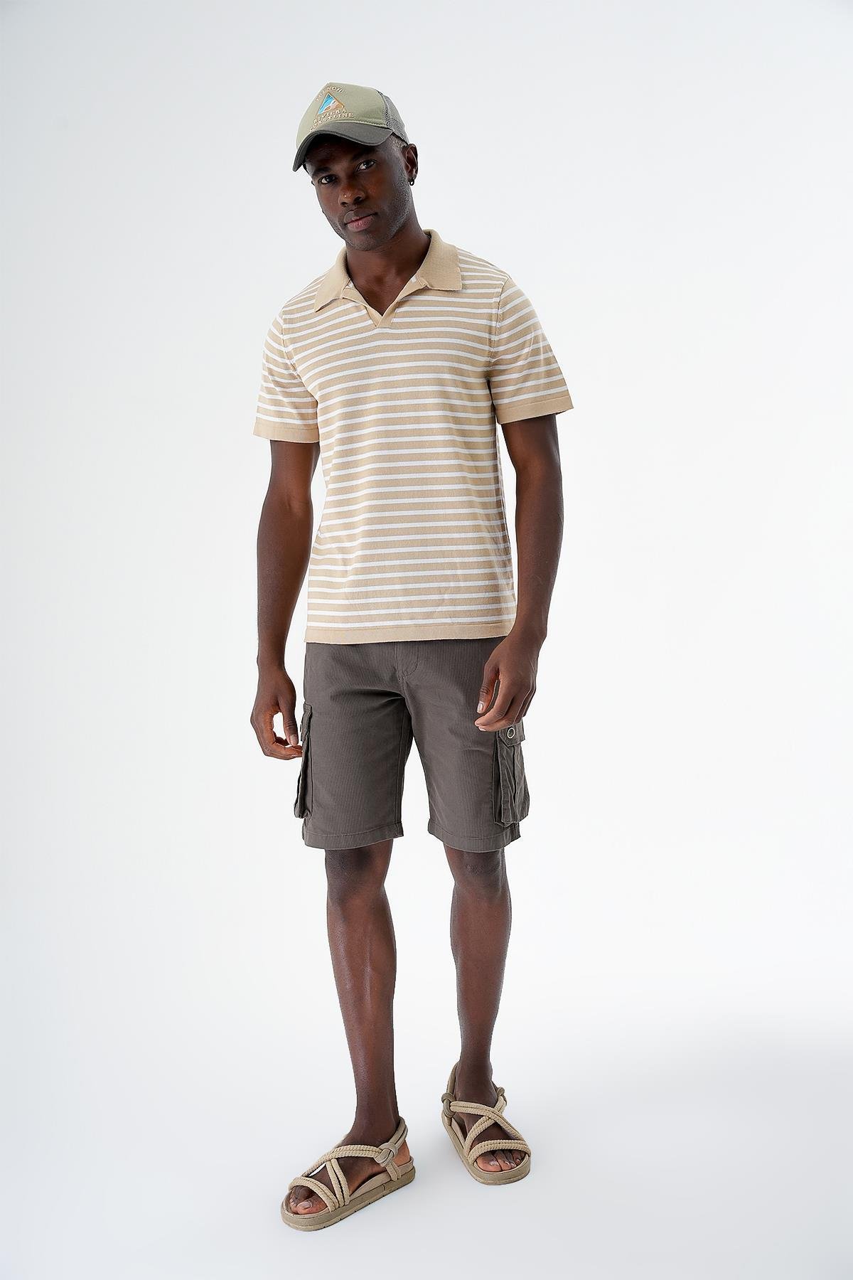 Chuba Erkek Polo Yaka Çizgili Regular Fit İnce Triko T-Shirt Taba-Beyaz 24S263