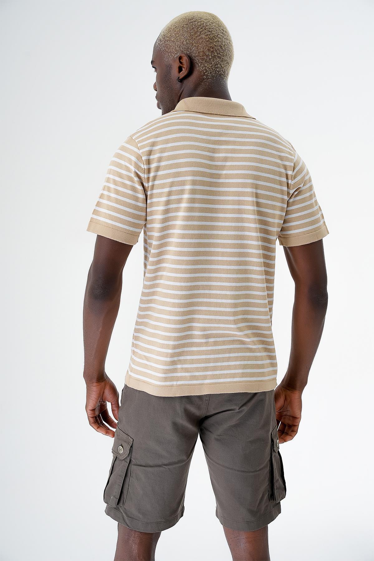 Chuba Erkek Polo Yaka Çizgili Regular Fit İnce Triko T-Shirt Taba-Beyaz 24S263