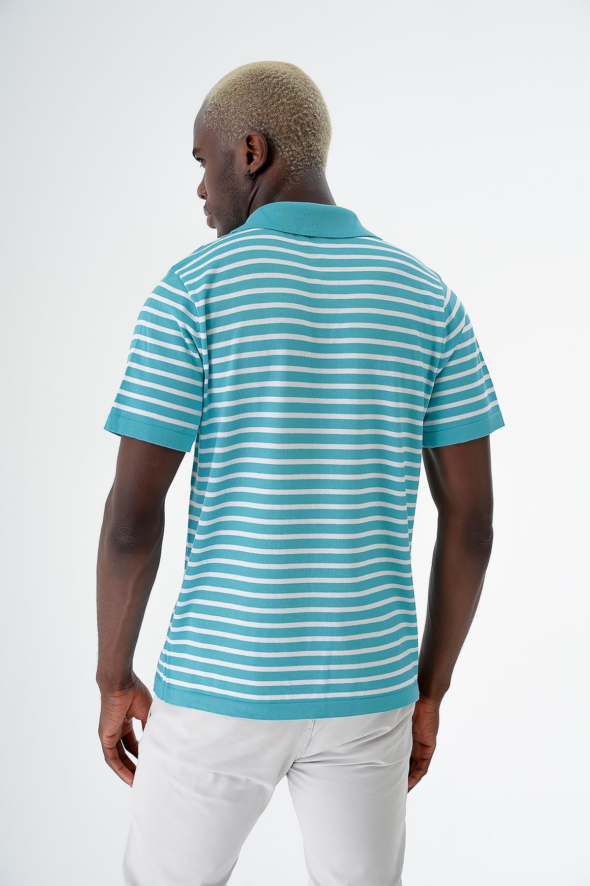 Chuba Erkek Polo Yaka Çizgili Regular Fit İnce Triko T-Shirt Turkuaz-Beyaz 24S263