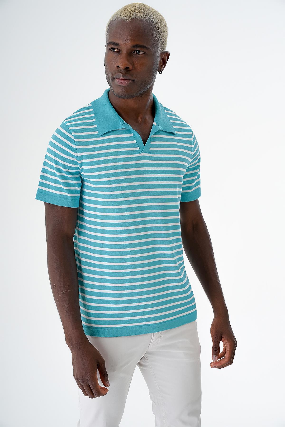 Chuba Erkek Polo Yaka Çizgili Regular Fit İnce Triko T-Shirt Turkuaz-Beyaz 24S263
