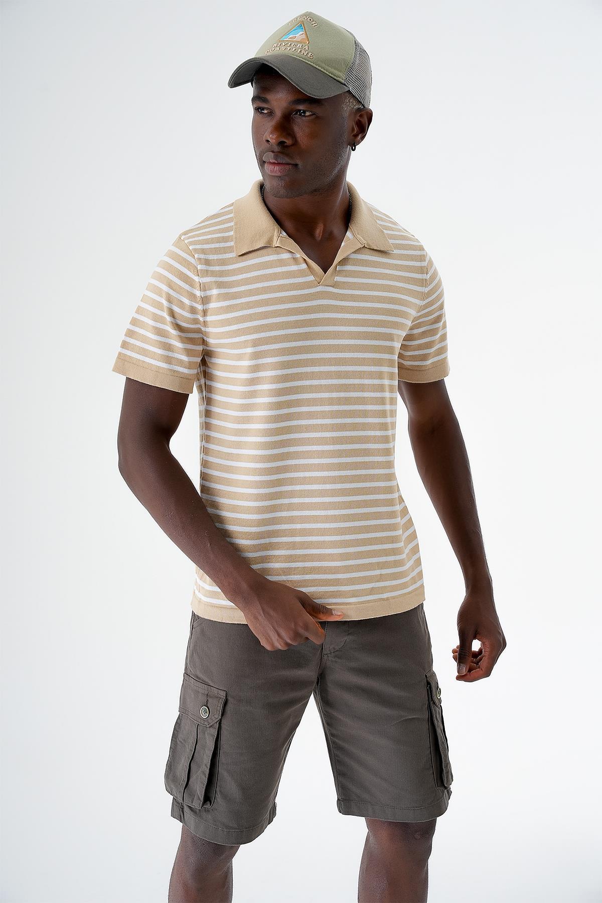 Chuba Erkek Polo Yaka Çizgili Regular Fit İnce Triko T-Shirt Taba-Beyaz 24S263