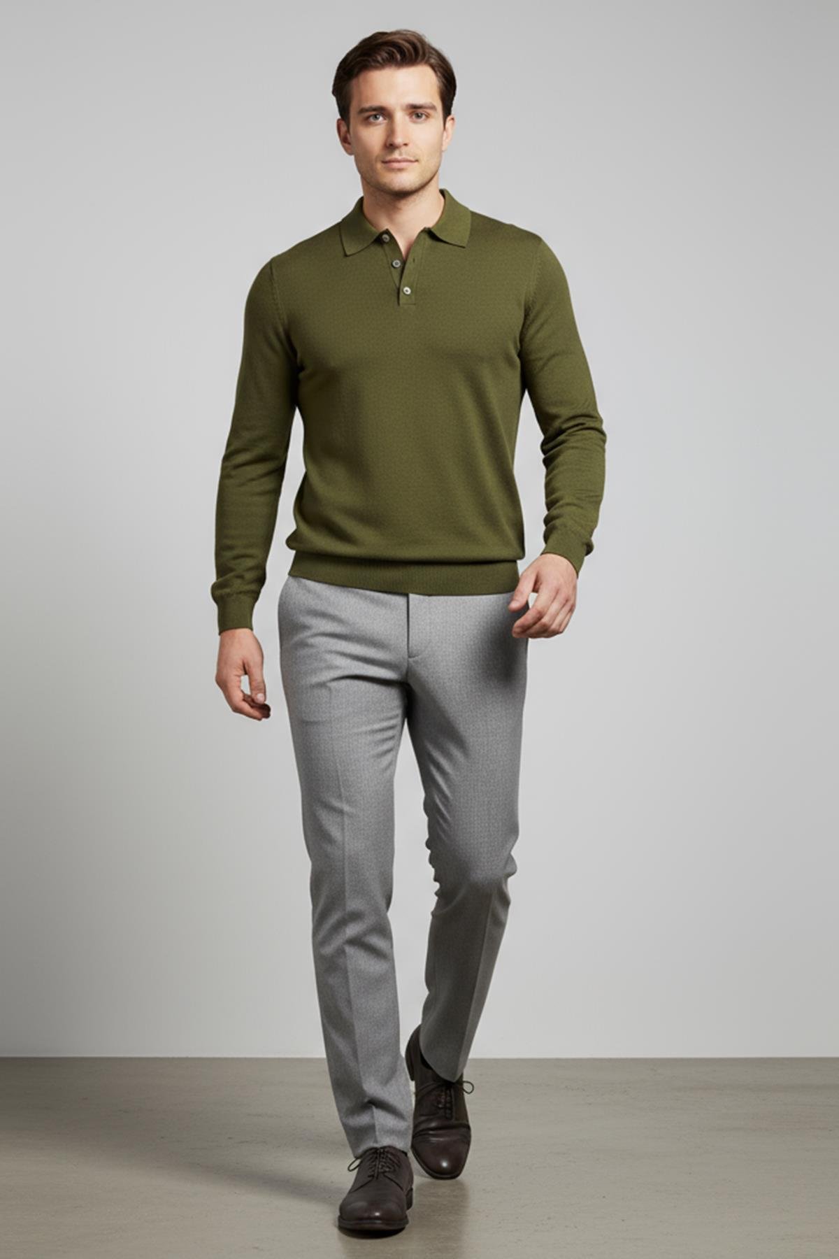 Chuba Erkek Polo Yaka Düğmeli Triko Kazak Haki 26W2012