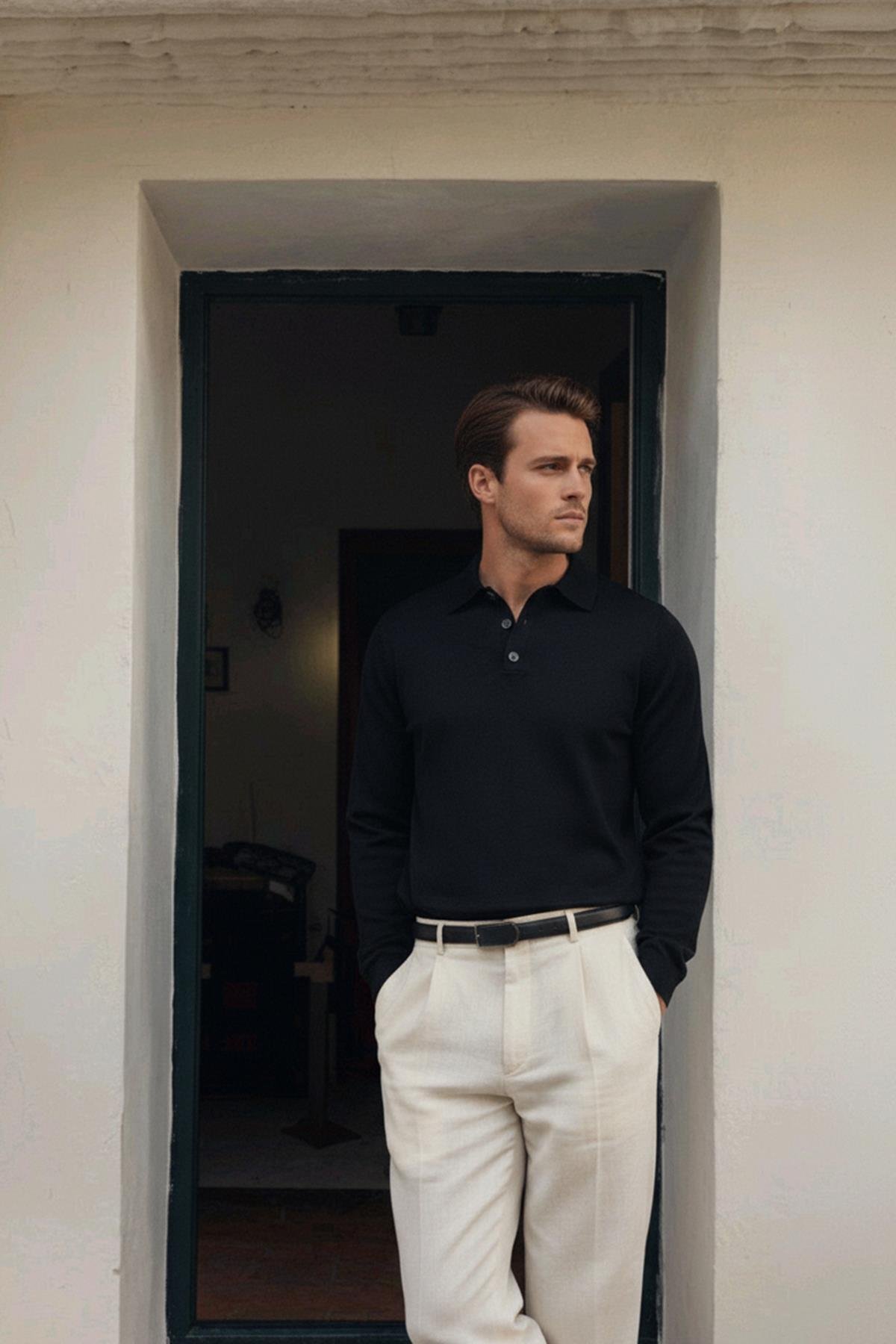 Chuba Erkek Polo Yaka Düğmeli Triko Kazak Siyah 26W2012