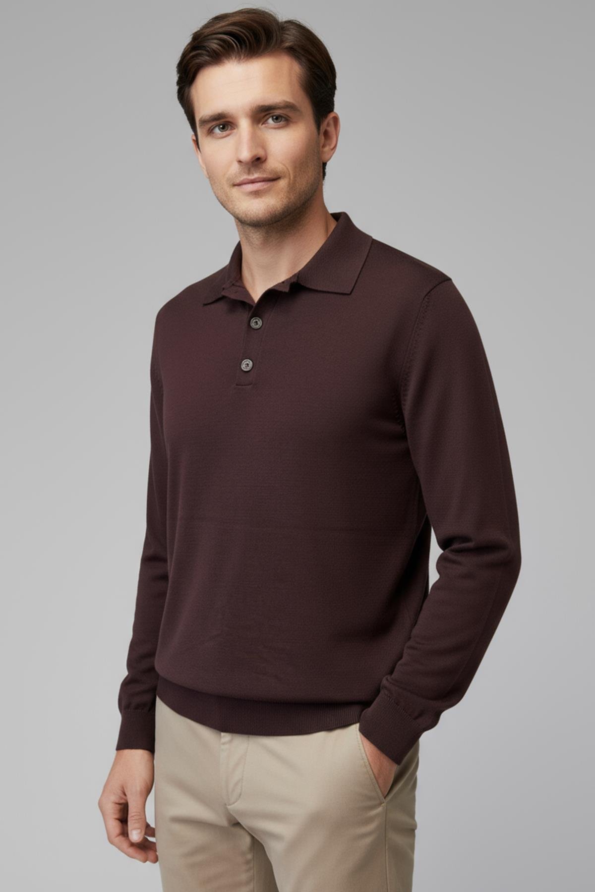 Chuba Erkek Polo Yaka Düğmeli Triko Kazak Kahverengi 26W2012