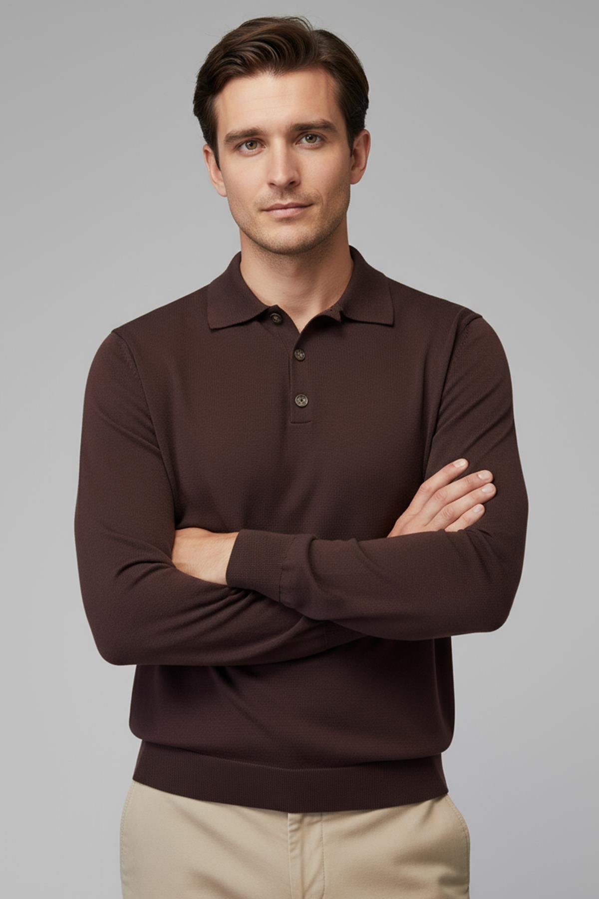 Chuba Erkek Polo Yaka Düğmeli Triko Kazak Kahverengi 26W2012
