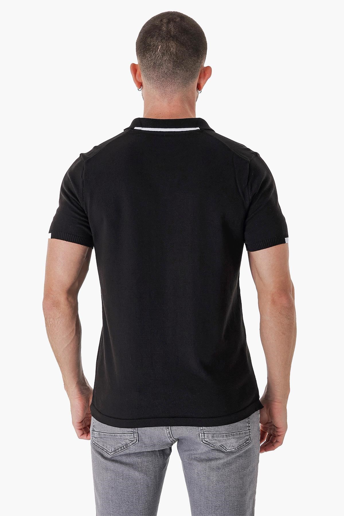 Chuba Erkek Polo Yaka Kontrast Çizgi Detaylı Pamuklu İnce Triko T-Shirt Siyah  22SM209