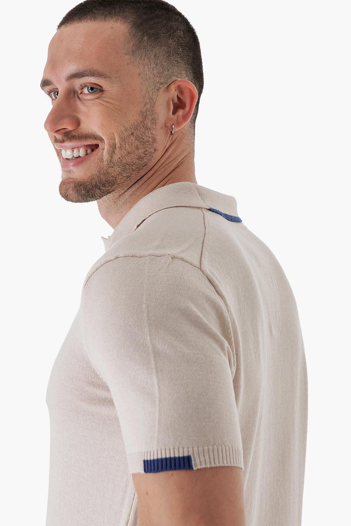 Chuba Erkek Polo Yaka Kontrast Çizgi Detaylı Pamuklu İnce Triko T-Shirt Bej  22SM209