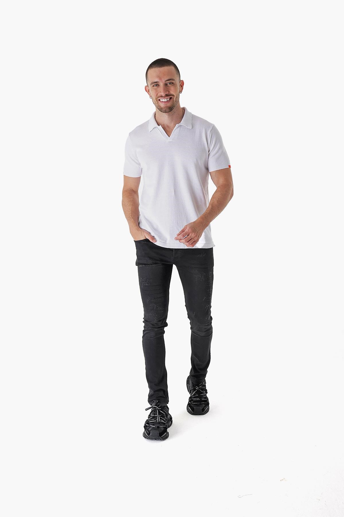 Chuba Erkek Polo Yaka Kontrast Çizgi Detaylı Pamuklu İnce Triko T-Shirt Beyaz  22SM209