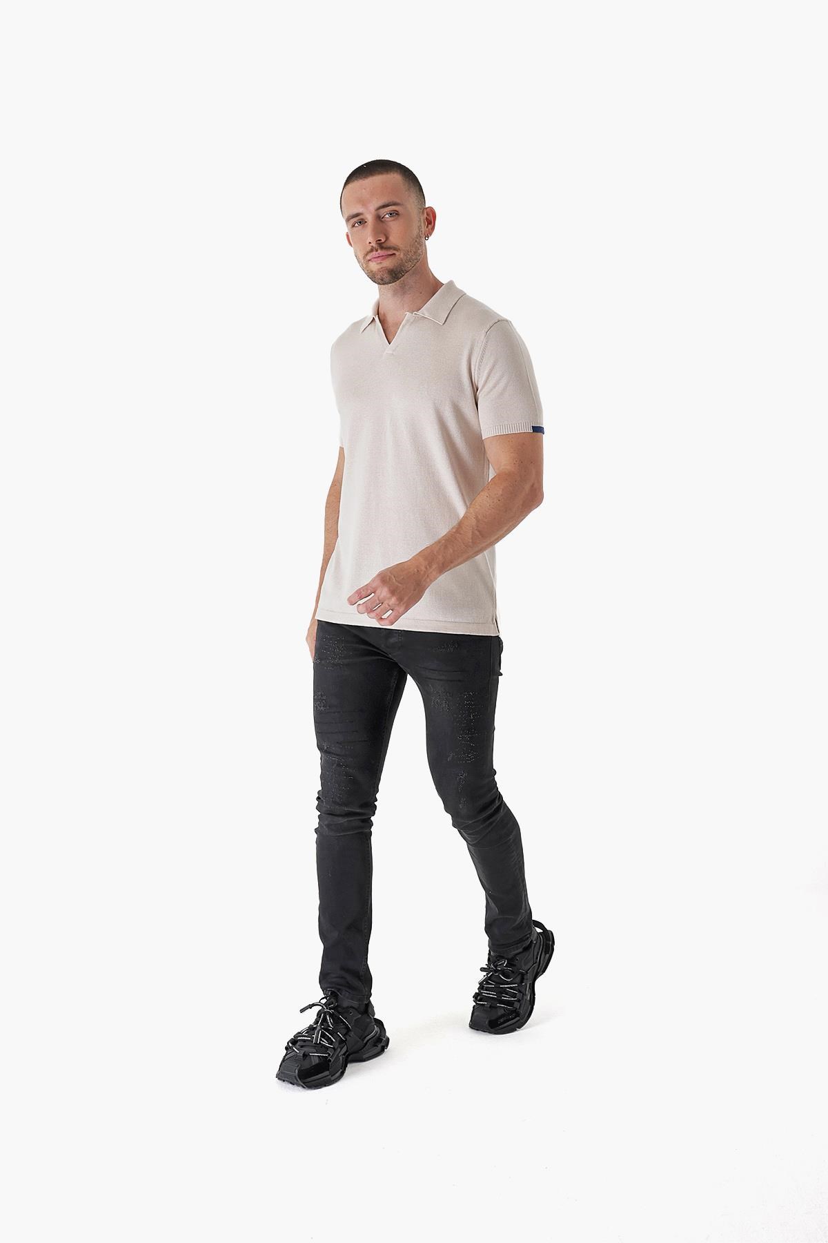 Chuba Erkek Polo Yaka Kontrast Çizgi Detaylı Pamuklu İnce Triko T-Shirt Bej  22SM209