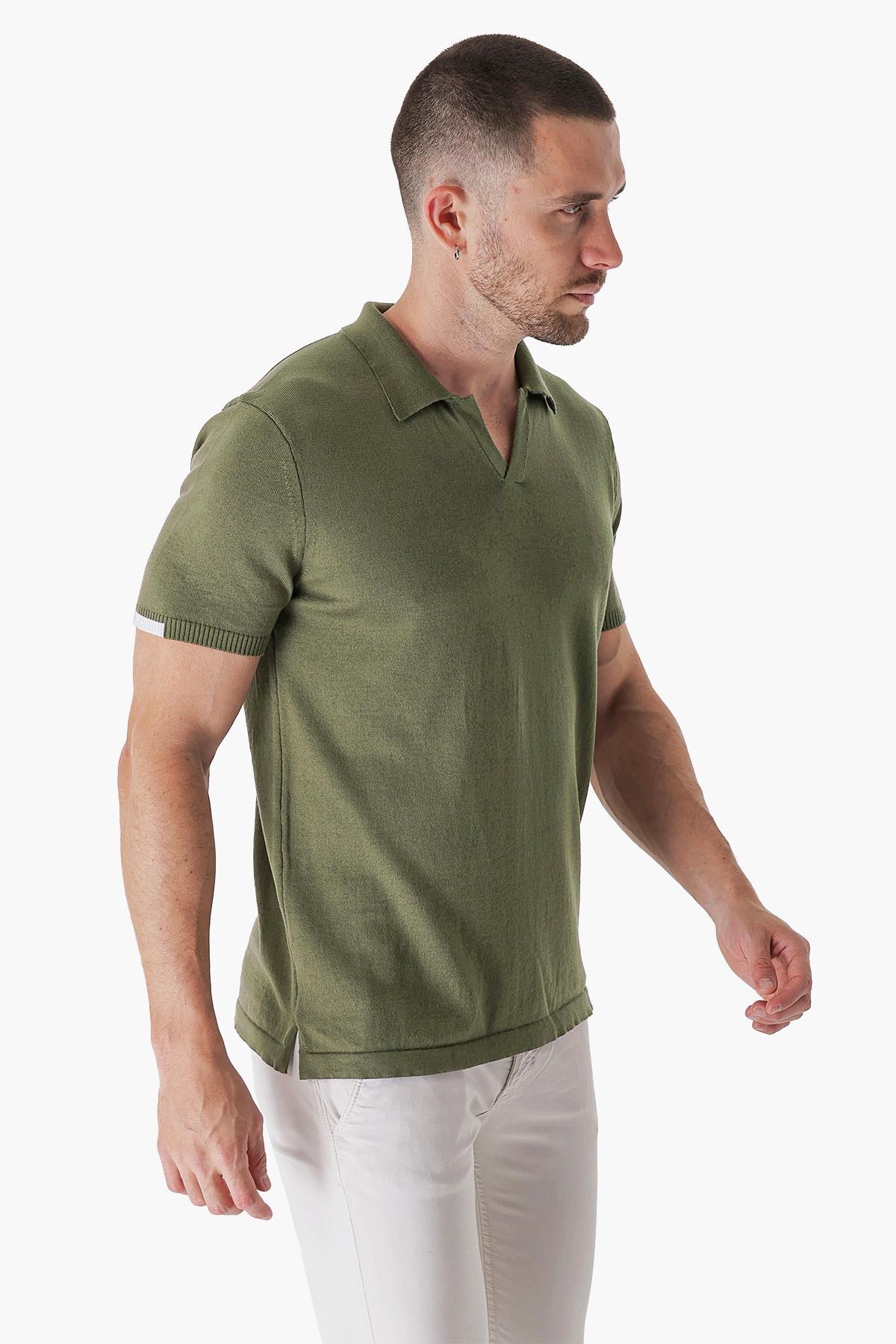 Chuba Erkek Polo Yaka Kontrast Çizgi Detaylı Pamuklu İnce Triko T-Shirt Haki  22SM209
