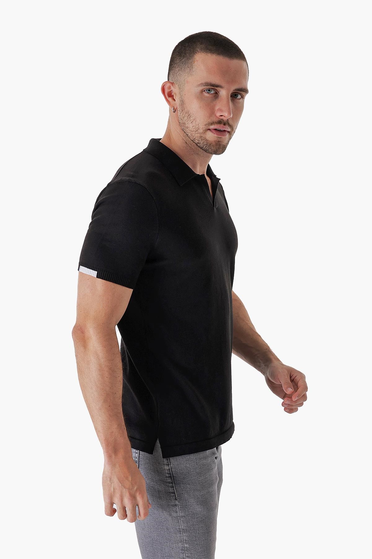 Chuba Erkek Polo Yaka Kontrast Çizgi Detaylı Pamuklu İnce Triko T-Shirt Siyah  22SM209
