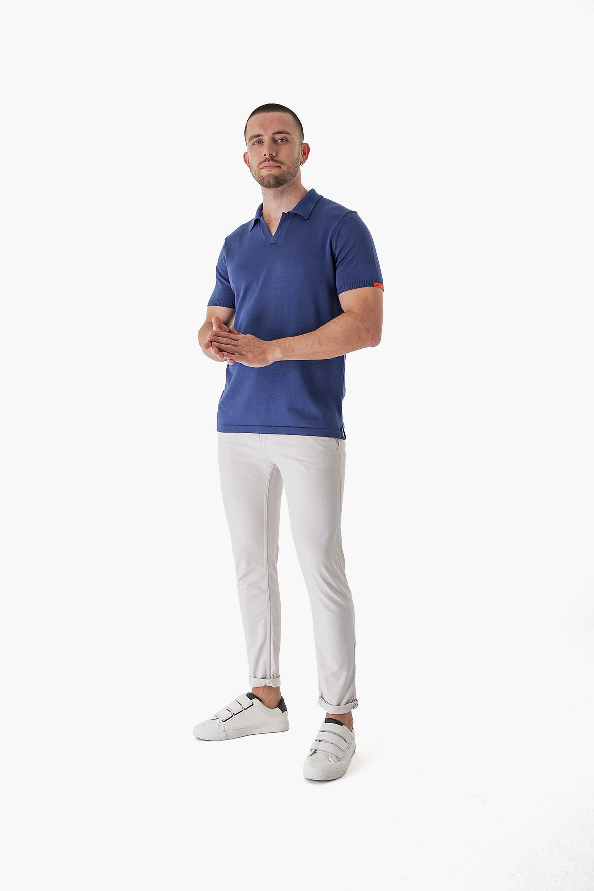 Chuba Erkek Polo Yaka Kontrast Çizgi Detaylı Pamuklu İnce Triko T-Shirt Navy 22SM209