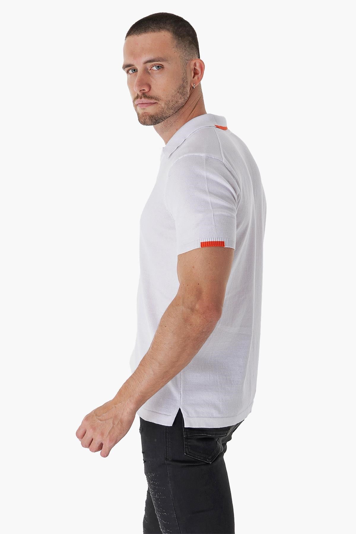 Chuba Erkek Polo Yaka Kontrast Çizgi Detaylı Pamuklu İnce Triko T-Shirt Beyaz  22SM209