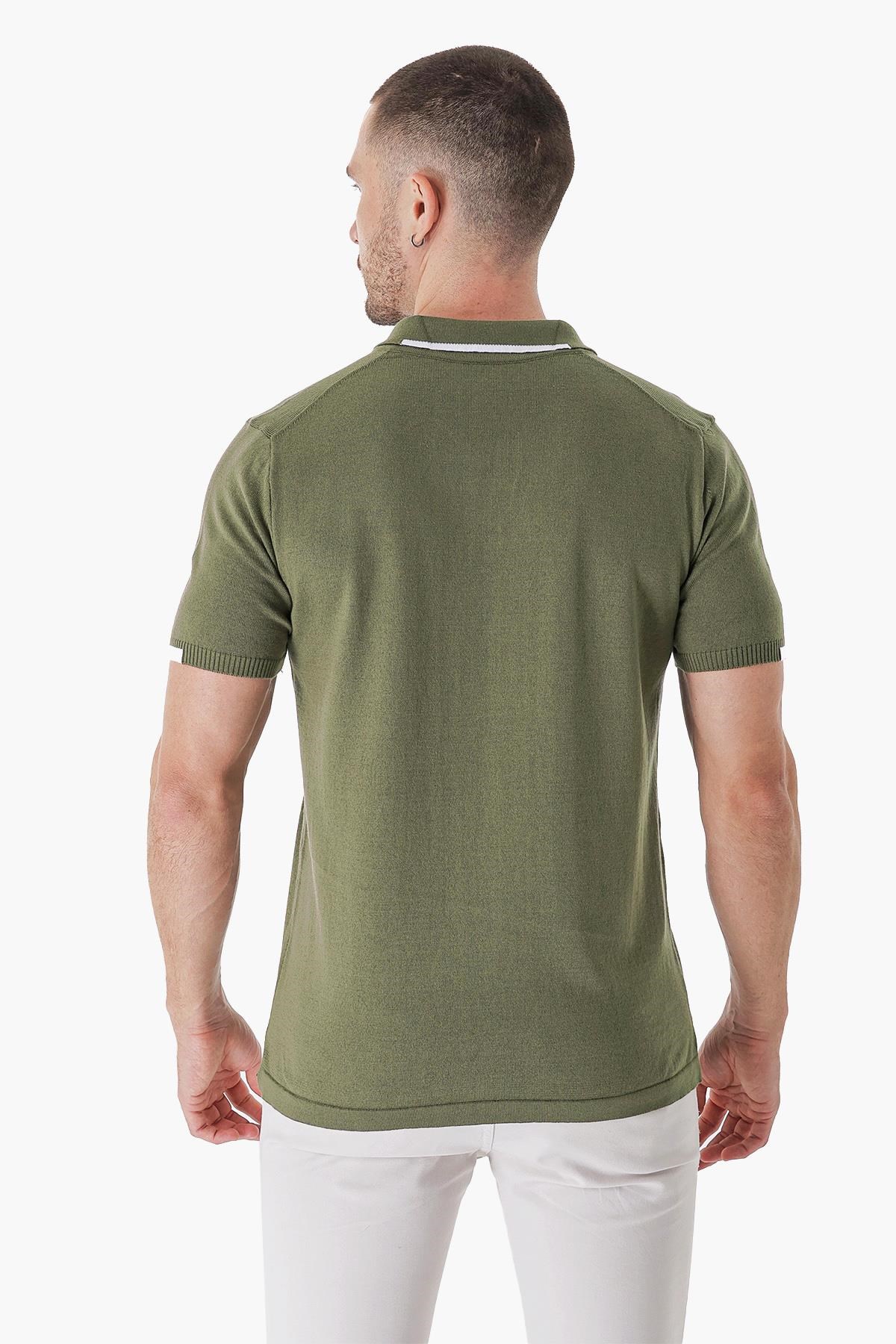 Chuba Erkek Polo Yaka Kontrast Çizgi Detaylı Pamuklu İnce Triko T-Shirt Haki  22SM209