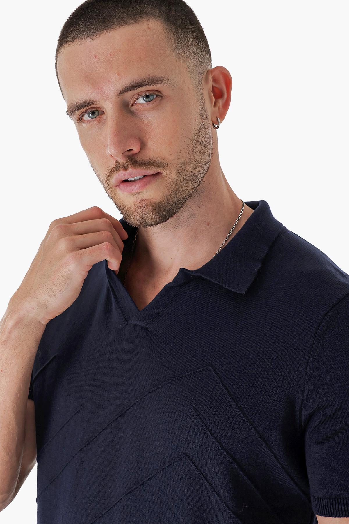Chuba Erkek Polo Yaka Örgü Detaylı Pamuklu İnce Spor Triko T-Shirt Lacivert 23S2010