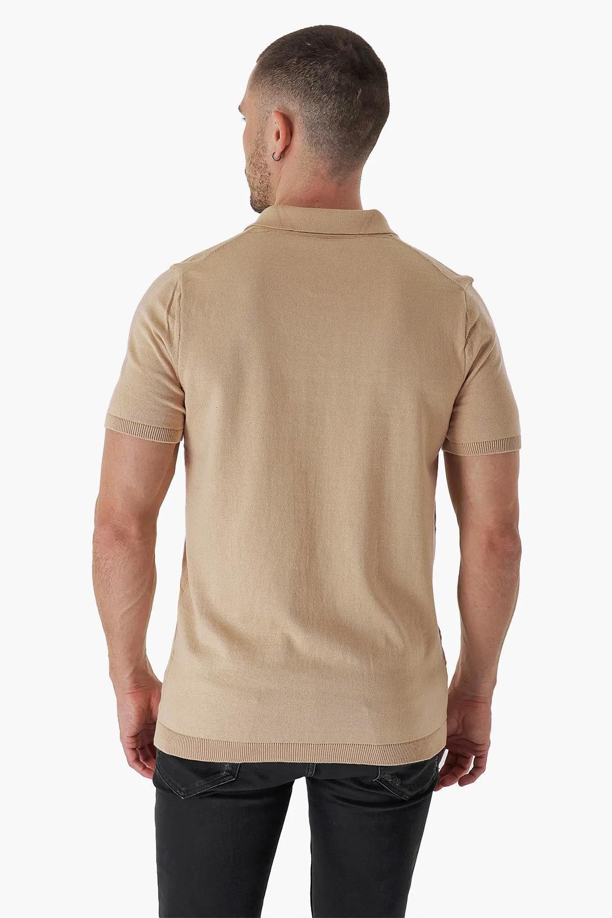 Chuba Erkek Polo Yaka Örgü Detaylı Pamuklu İnce Spor Triko T-Shirt Taba 23S2010