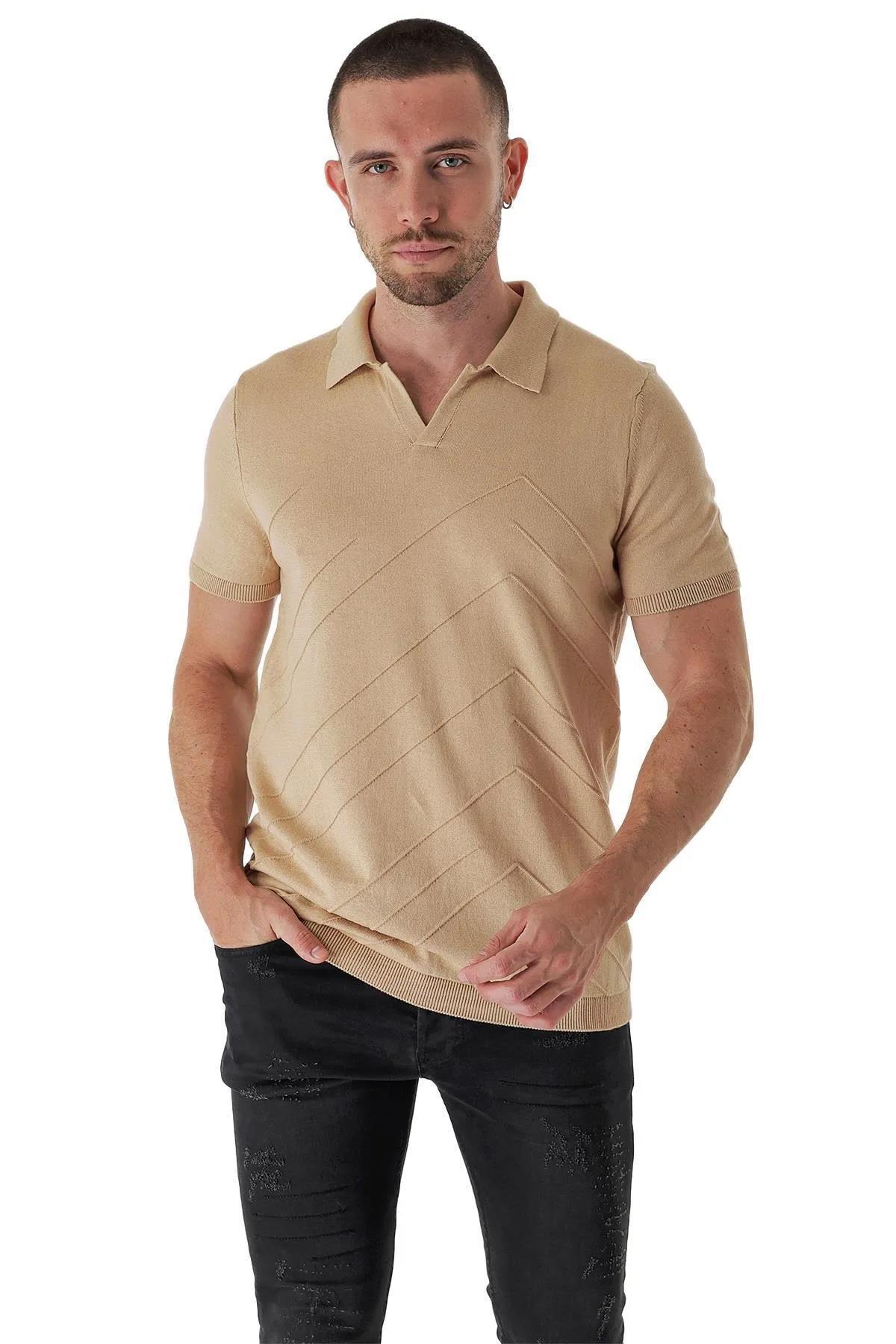 Chuba Erkek Polo Yaka Örgü Detaylı Pamuklu İnce Spor Triko T-Shirt Taba 23S2010