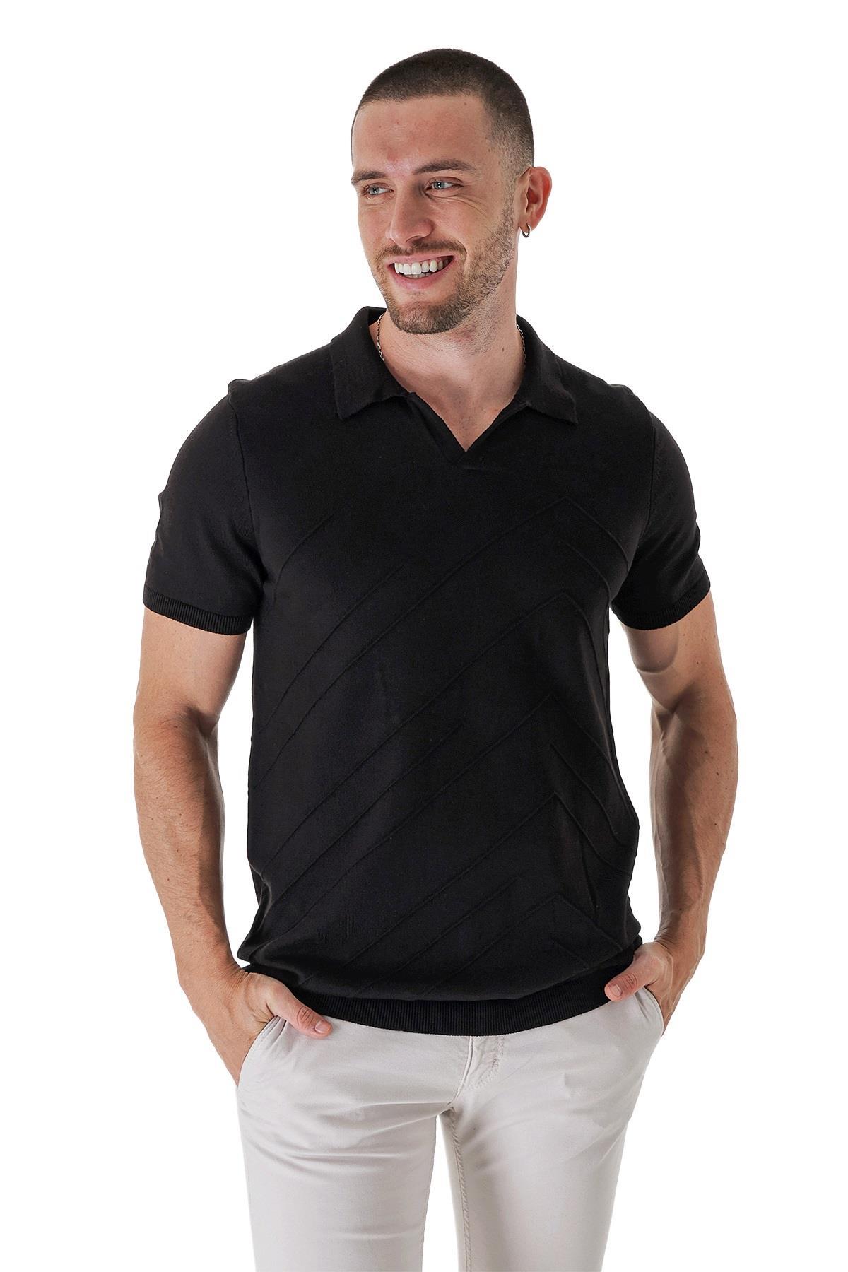 Chuba Erkek Polo Yaka Örgü Detaylı Pamuklu İnce Spor Triko T-Shirt Siyah 23S2010
