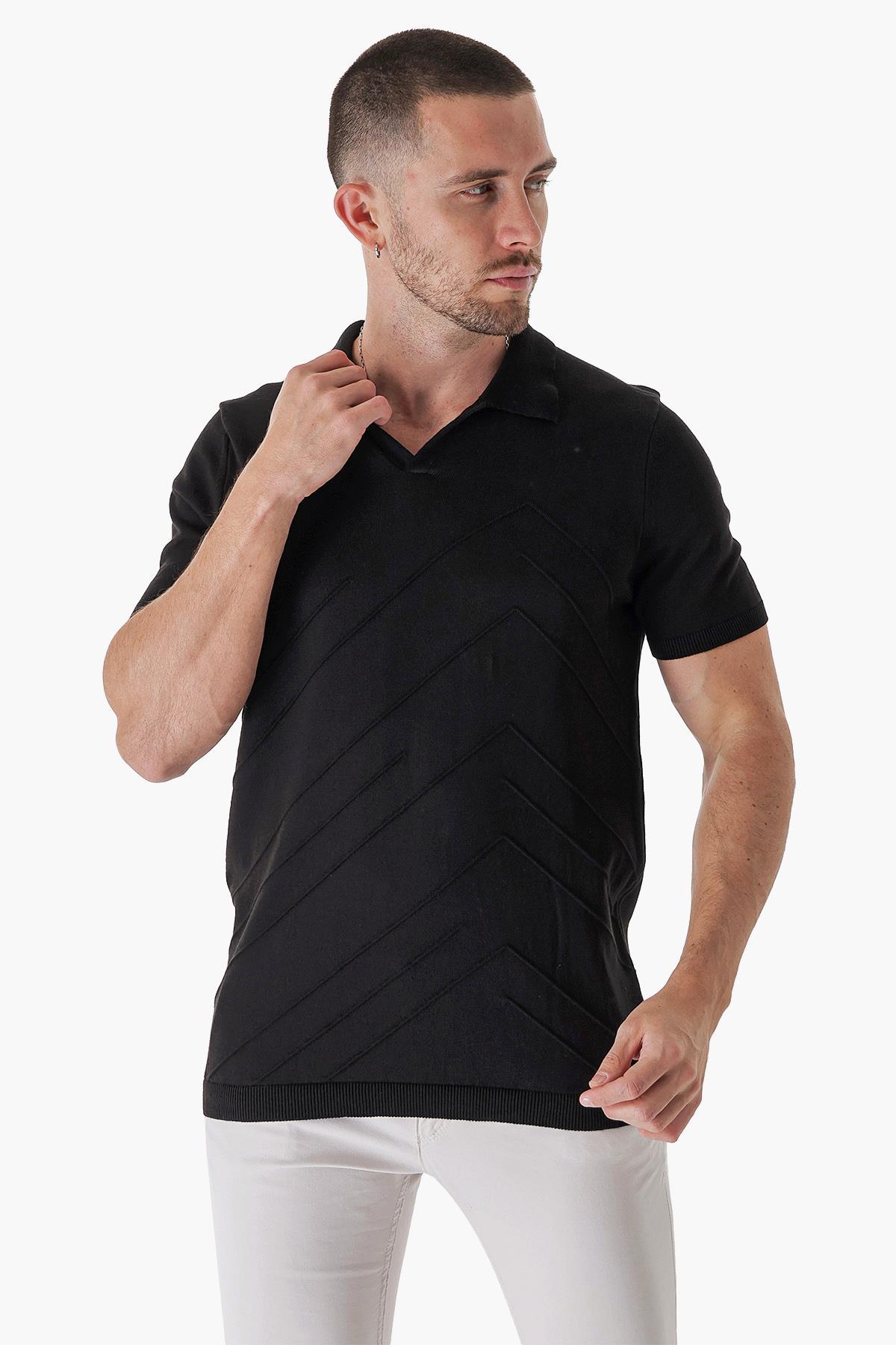 Chuba Erkek Polo Yaka Örgü Detaylı Pamuklu İnce Spor Triko T-Shirt Siyah 23S2010