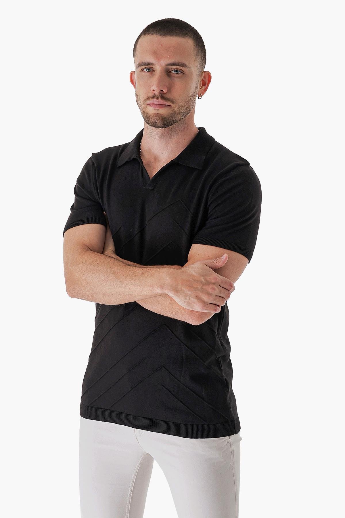 Chuba Erkek Polo Yaka Örgü Detaylı Pamuklu İnce Spor Triko T-Shirt Siyah 23S2010
