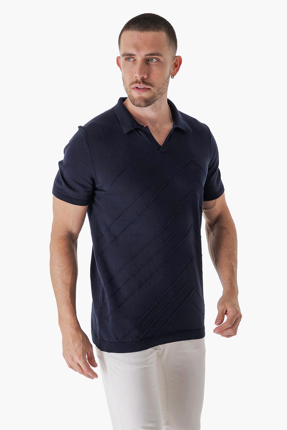 Chuba Erkek Polo Yaka Örgü Detaylı Pamuklu İnce Spor Triko T-Shirt Lacivert 23S2010
