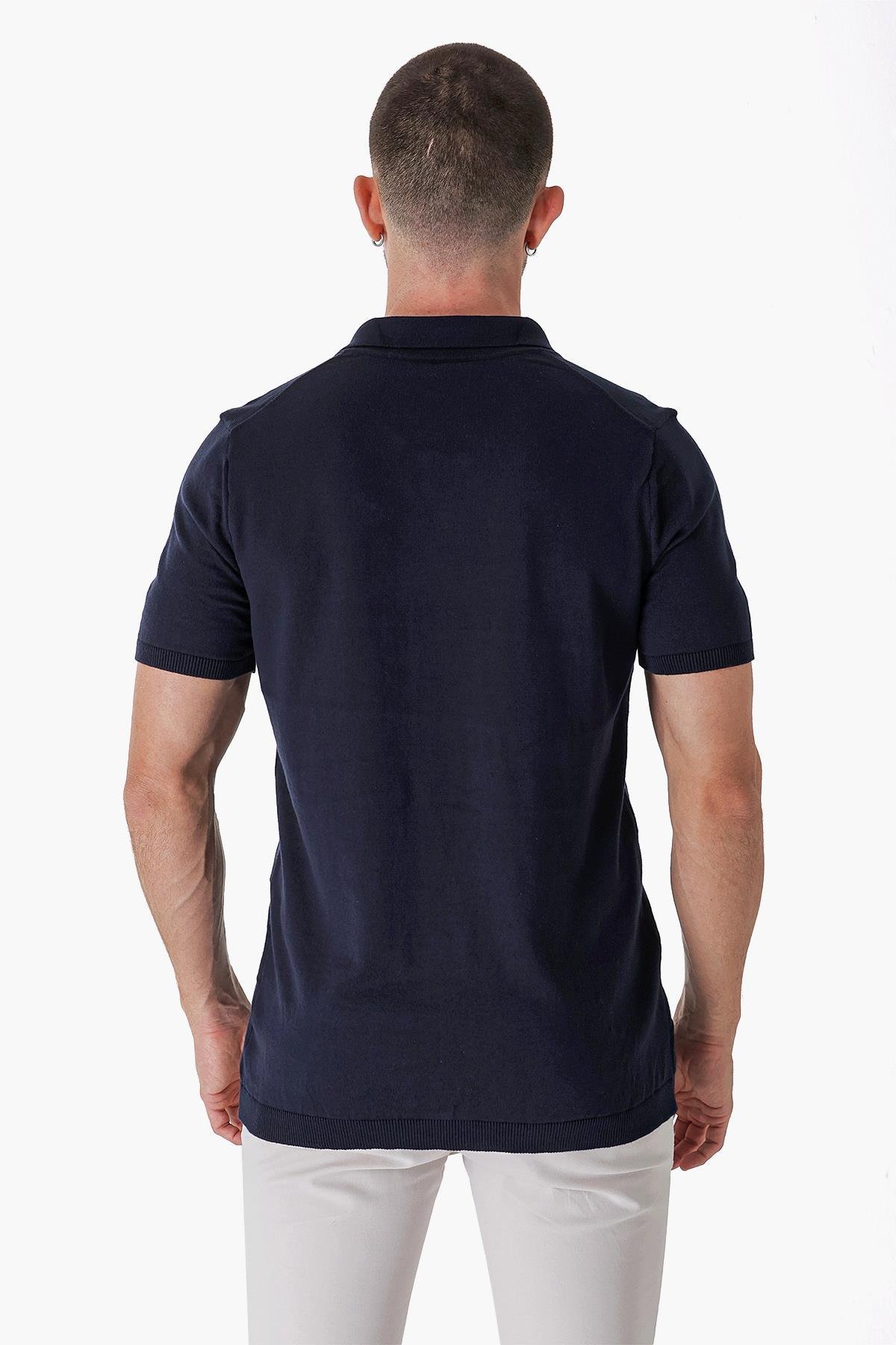 Chuba Erkek Polo Yaka Örgü Detaylı Pamuklu İnce Spor Triko T-Shirt Lacivert 23S2010