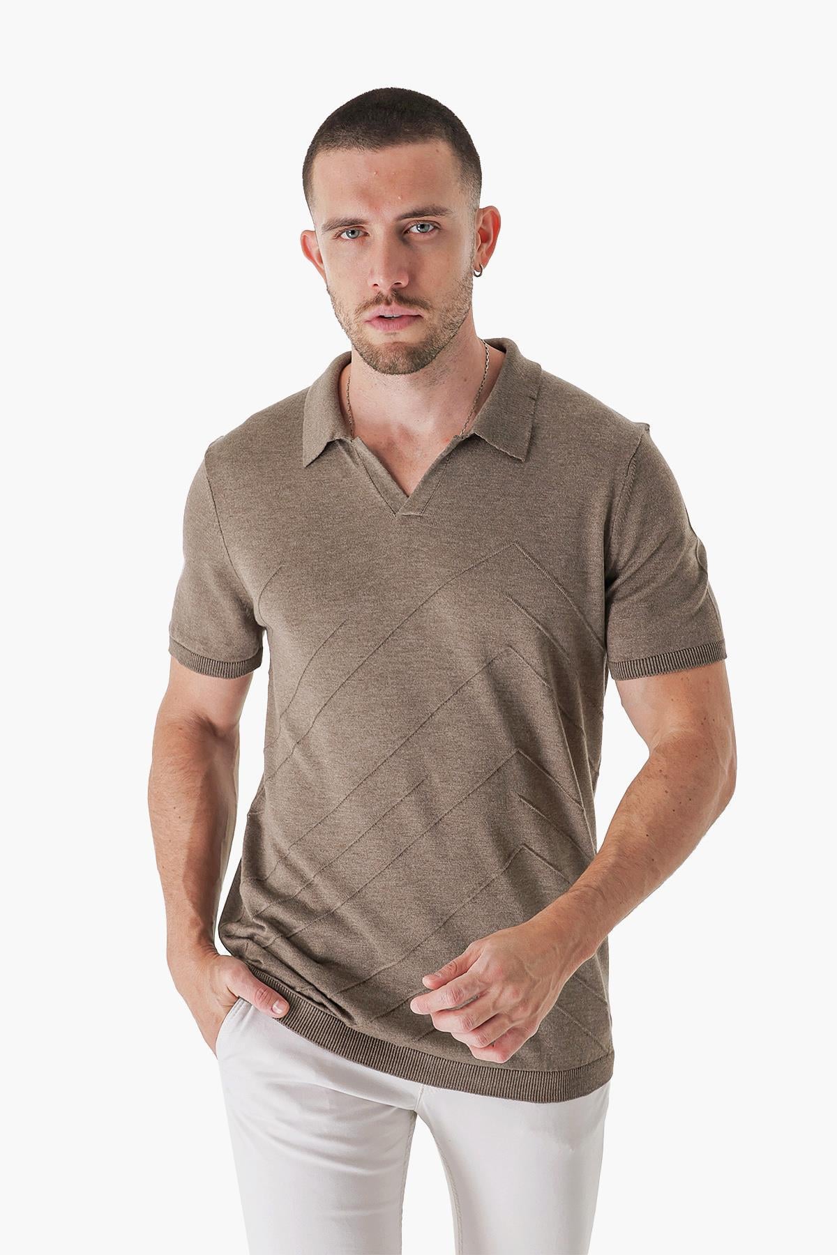 Chuba Erkek Polo Yaka Örgü Detaylı Pamuklu İnce Spor Triko T-Shirt Vizon 23S2010