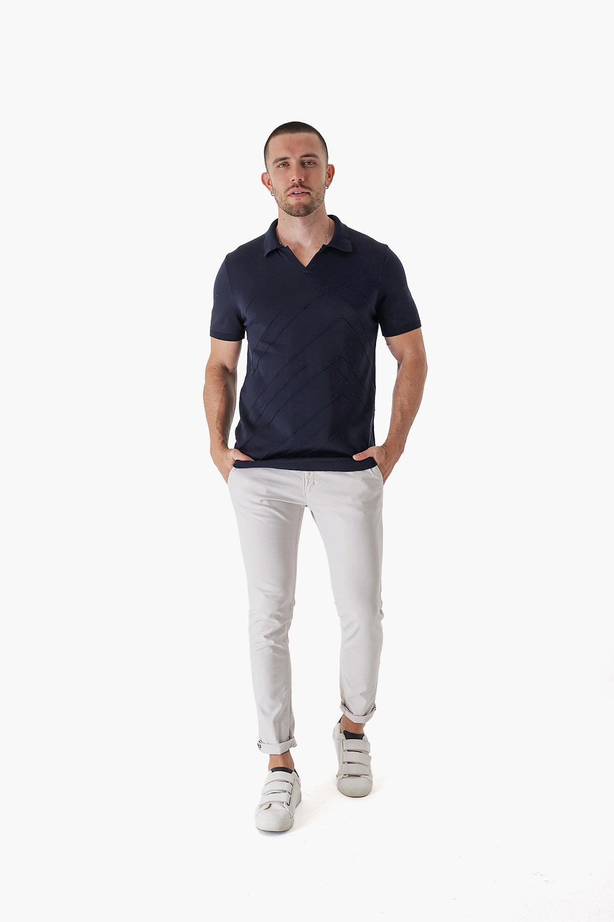 Chuba Erkek Polo Yaka Örgü Detaylı Pamuklu İnce Spor Triko T-Shirt Lacivert 23S2010