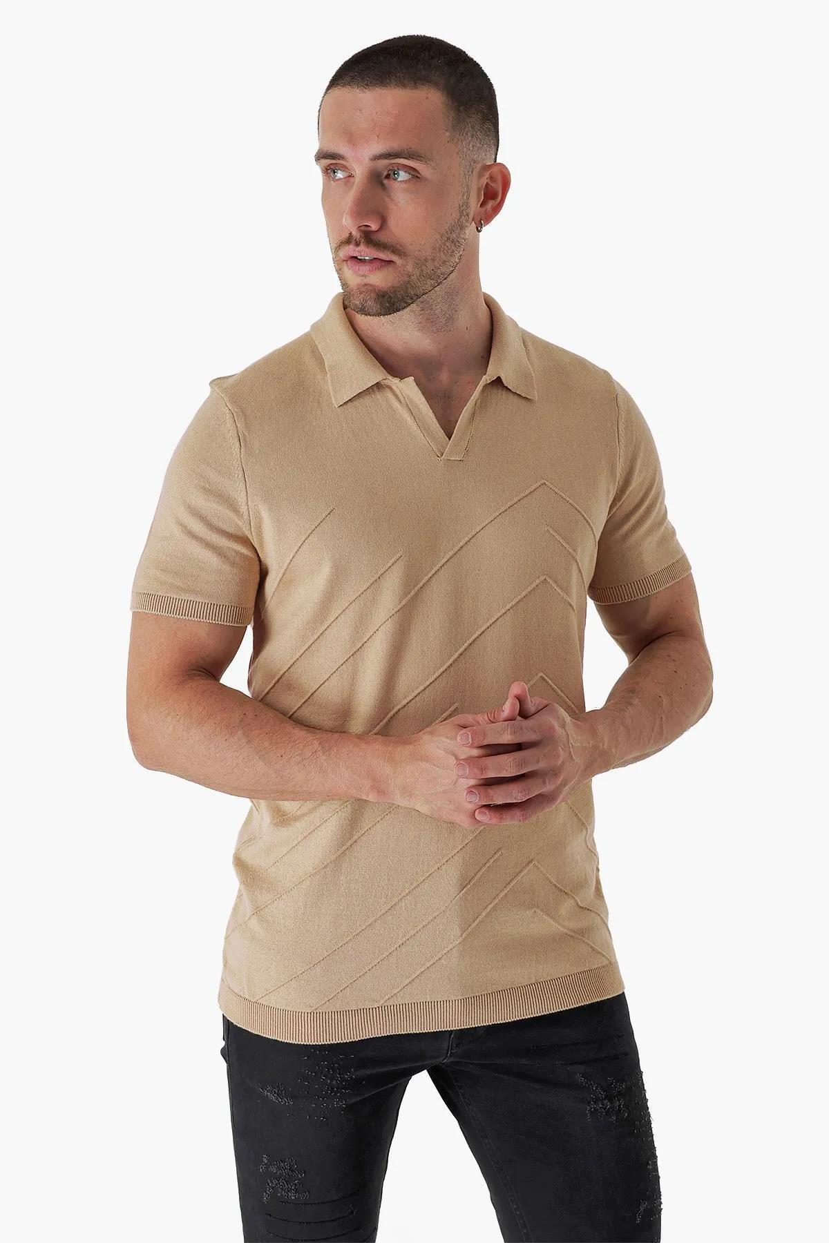Chuba Erkek Polo Yaka Örgü Detaylı Pamuklu İnce Spor Triko T-Shirt Taba 23S2010