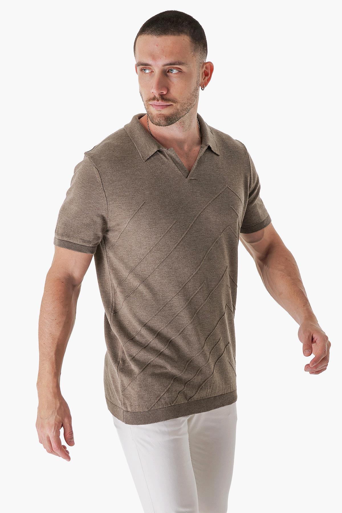 Chuba Erkek Polo Yaka Örgü Detaylı Pamuklu İnce Spor Triko T-Shirt Vizon 23S2010