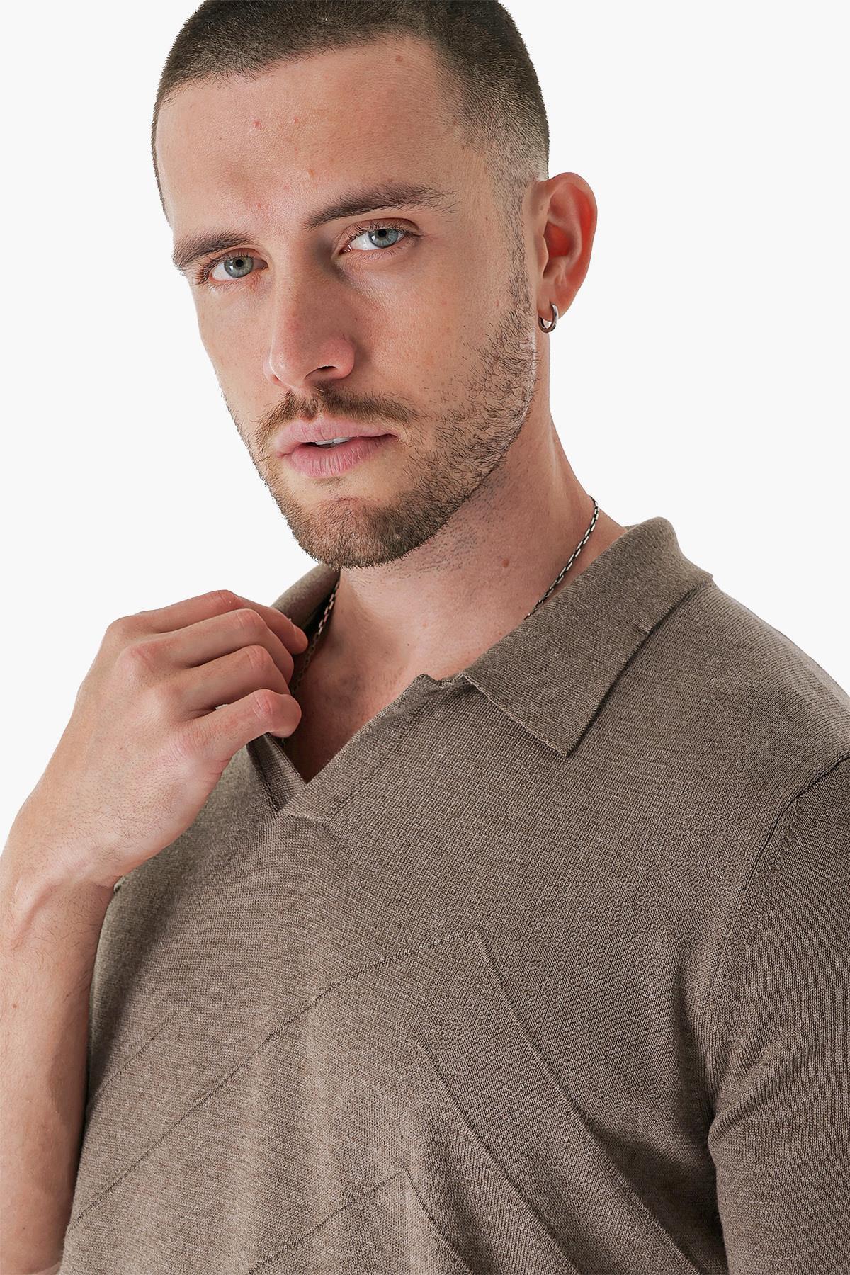 Chuba Erkek Polo Yaka Örgü Detaylı Pamuklu İnce Spor Triko T-Shirt Vizon 23S2010