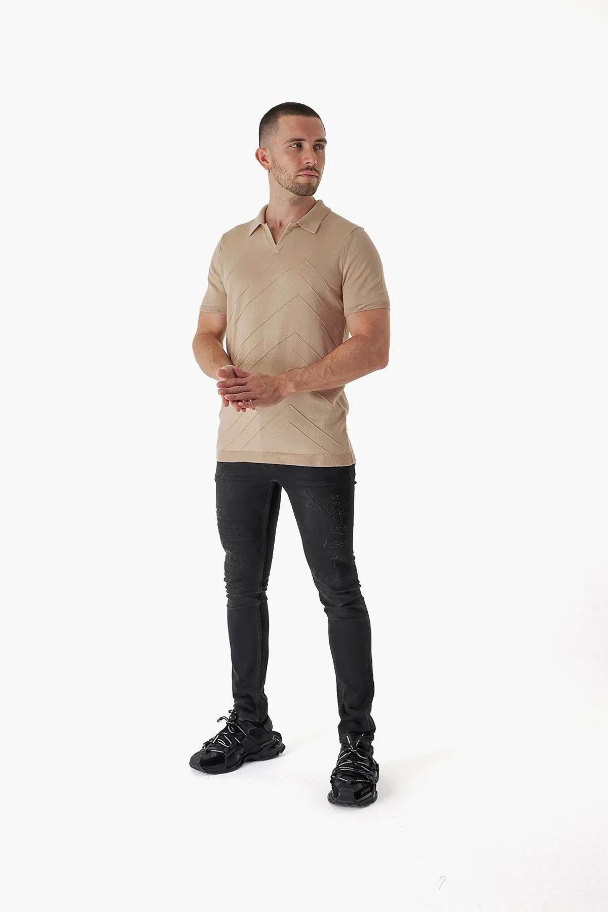 Chuba Erkek Polo Yaka Örgü Detaylı Pamuklu İnce Spor Triko T-Shirt Taba 23S2010